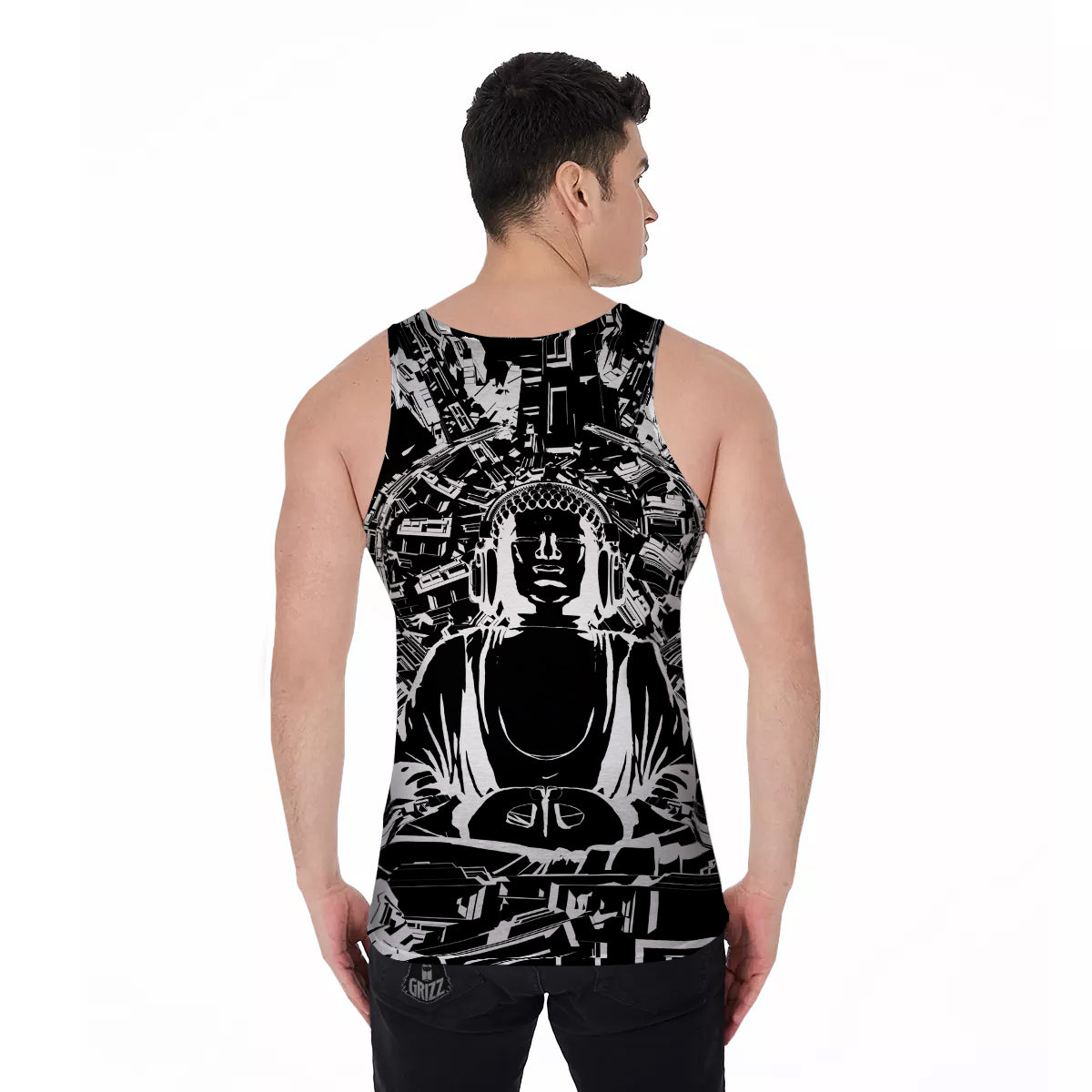 Technical Buddha Black And White Print Men's Tank Top-grizzshop