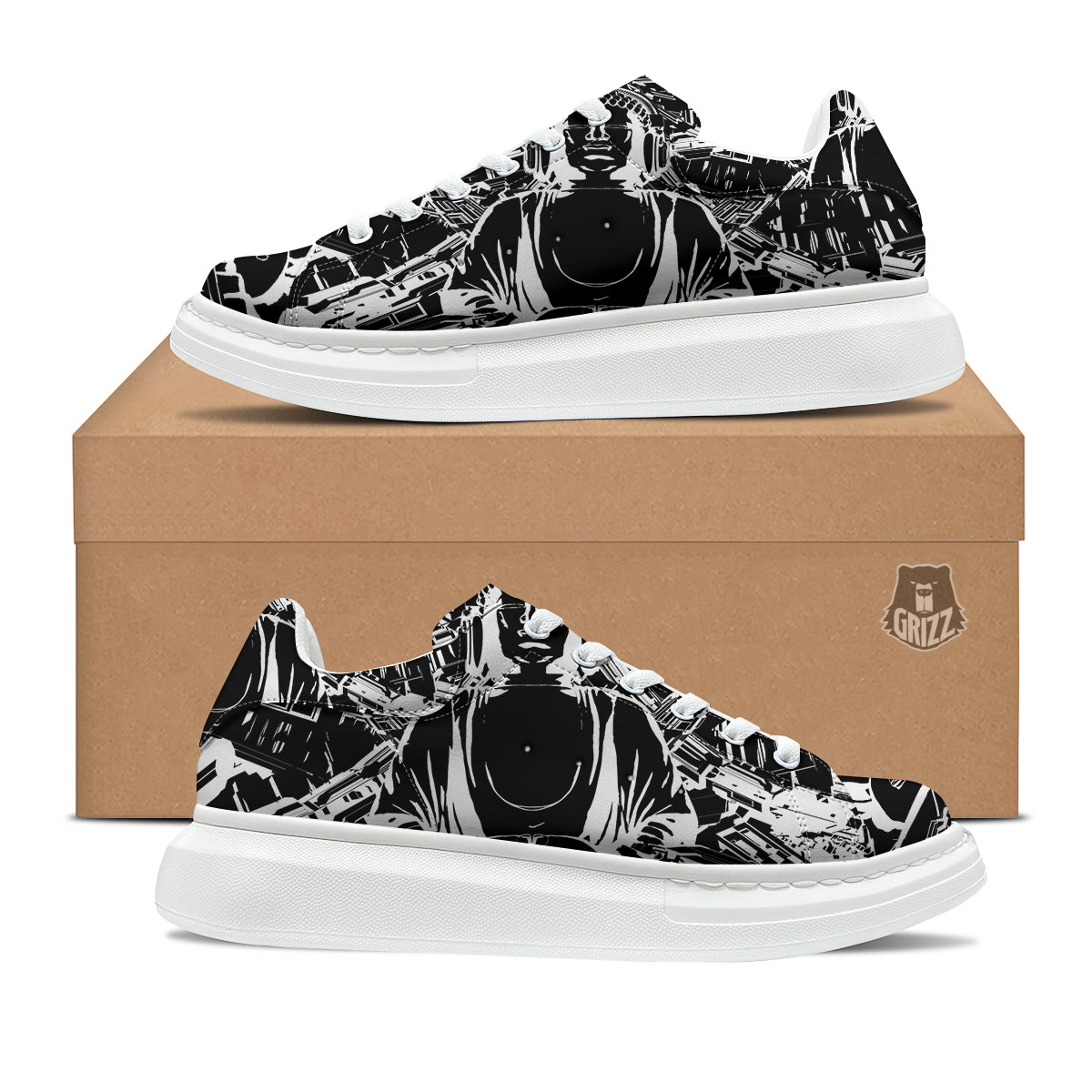 Technical Buddha Black And White Print Platform Shoes-grizzshop
