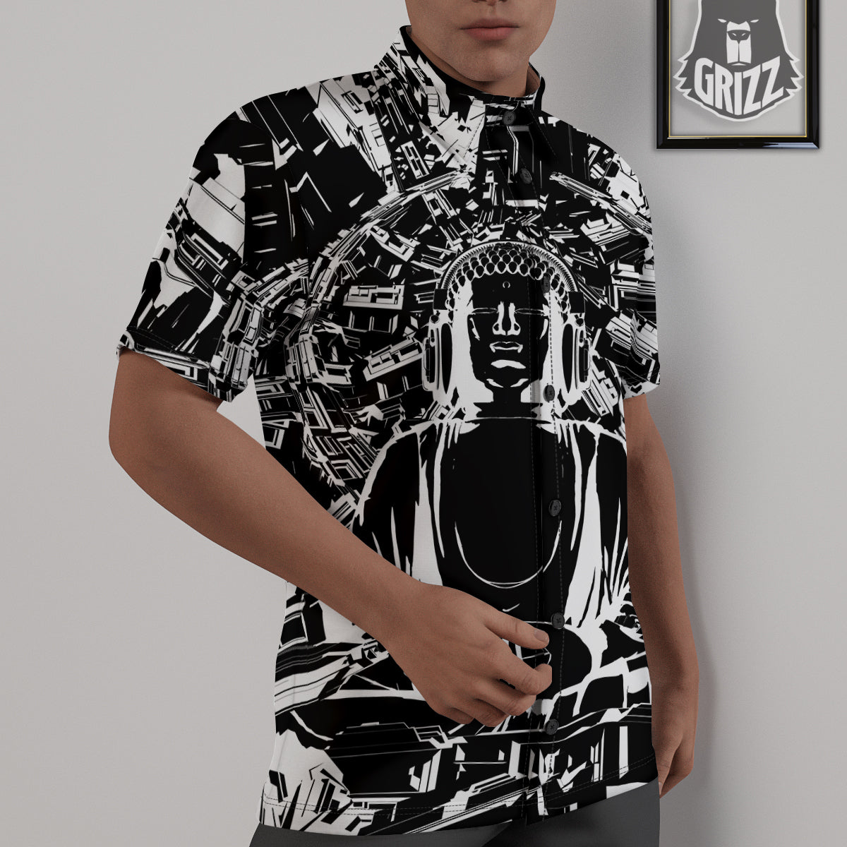 Technical Buddha Black And White Print Untucked Shirts-grizzshop