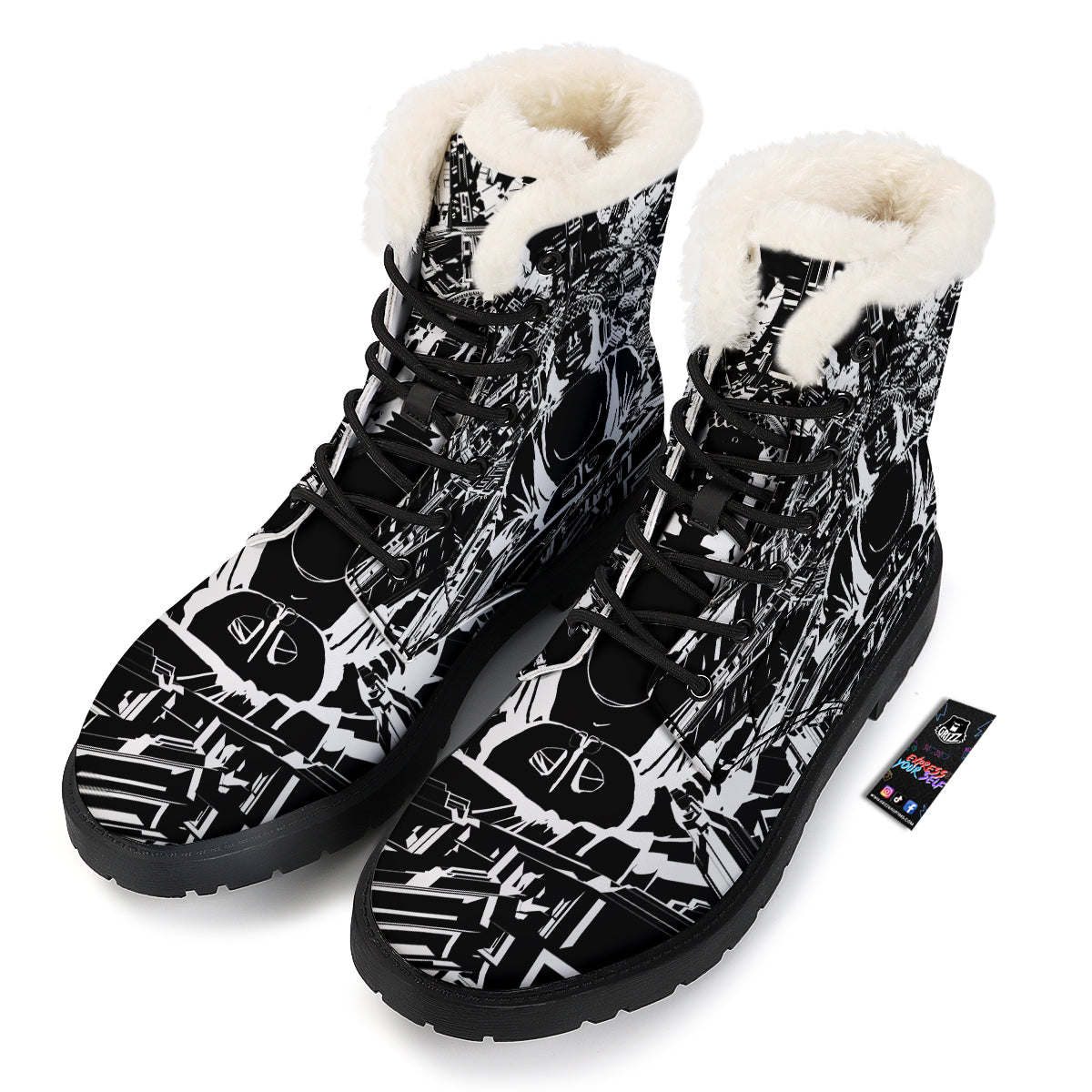 Technical Buddha Black And White Print Winter Boots-grizzshop