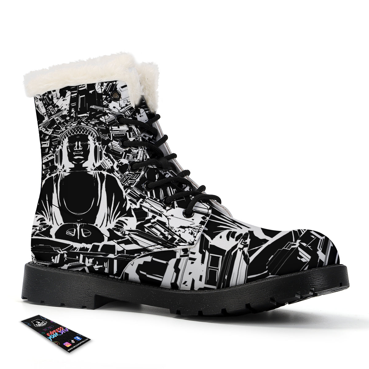 Technical Buddha Black And White Print Winter Boots-grizzshop