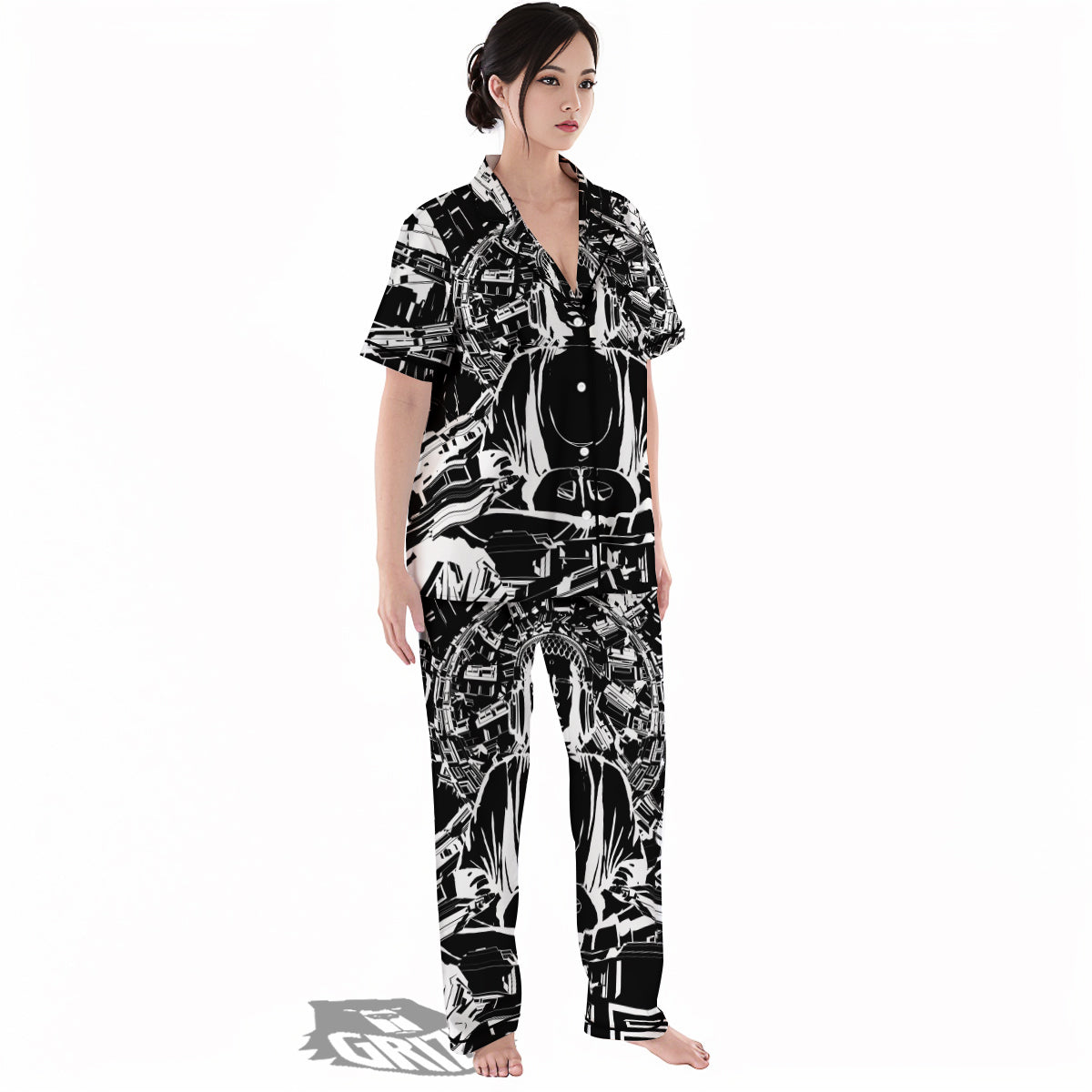 Technical Buddha Black And White Print Women's Pajamas Set-grizzshop