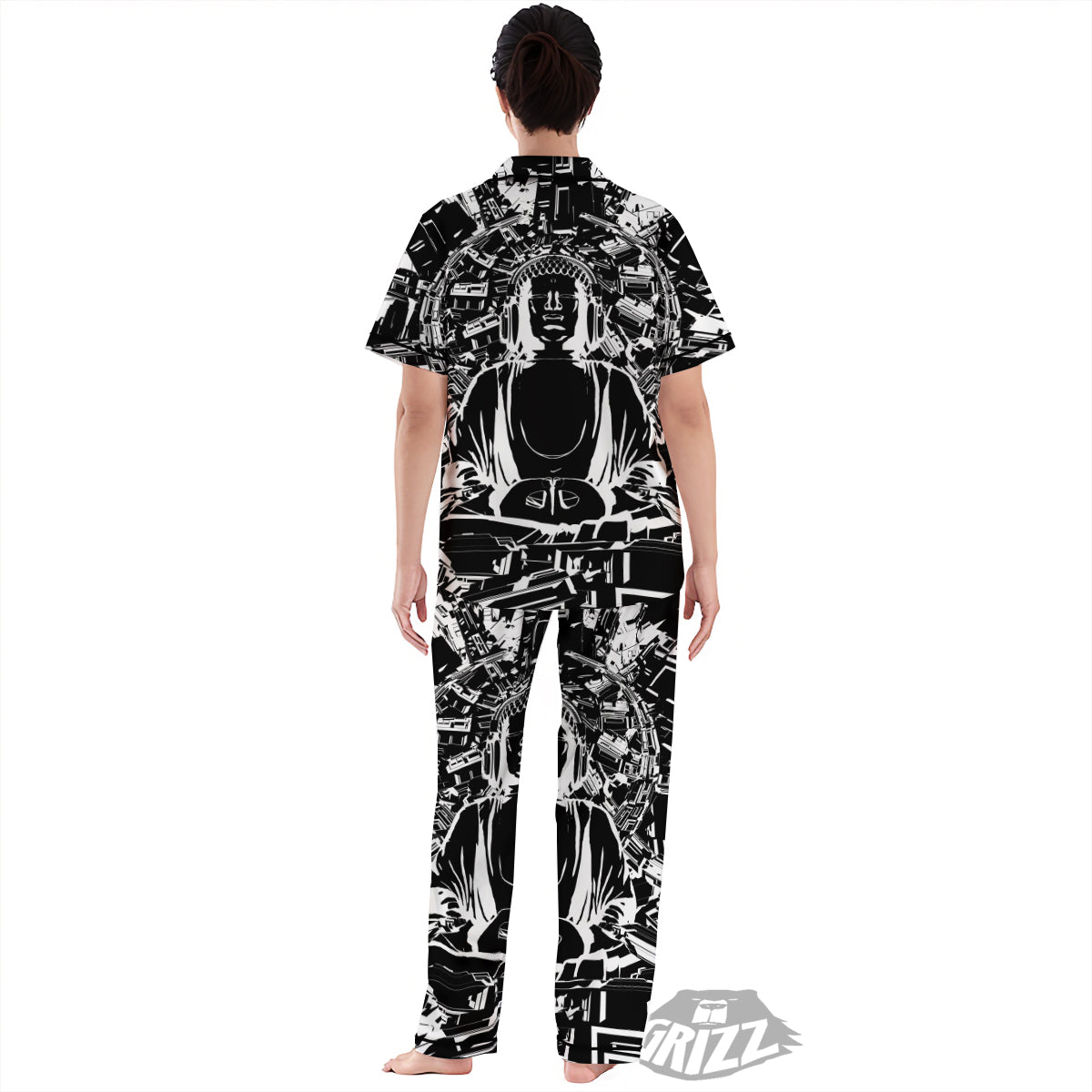 Technical Buddha Black And White Print Women's Pajamas Set-grizzshop