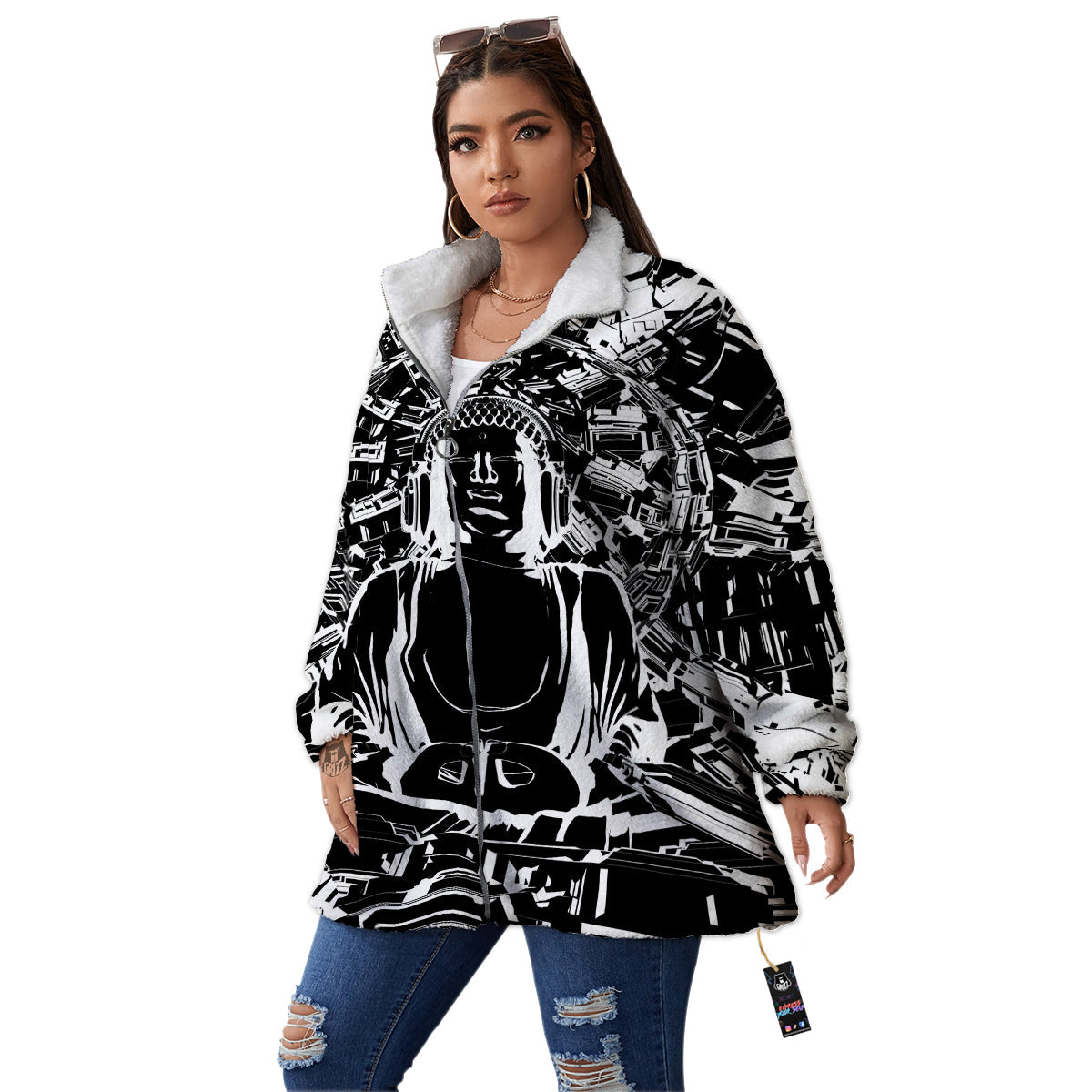 Technical Buddha Black And White Print Women's Sherpa Jacket-grizzshop