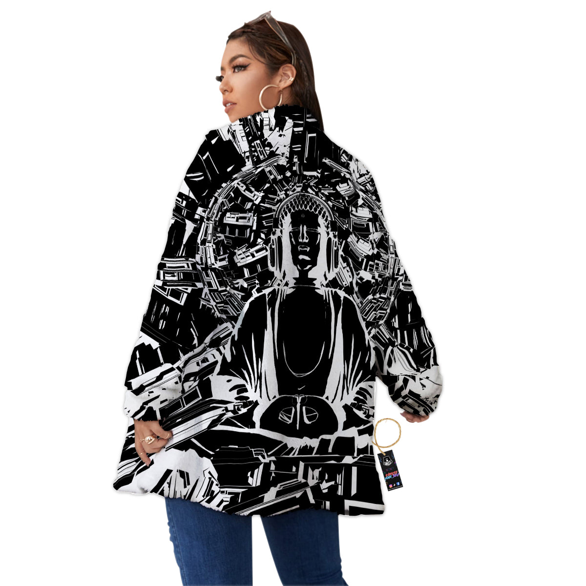 Technical Buddha Black And White Print Women's Sherpa Jacket-grizzshop
