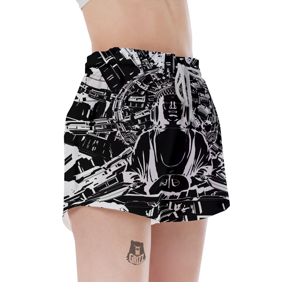 Technical Buddha Black And White Print Women's Shorts-grizzshop