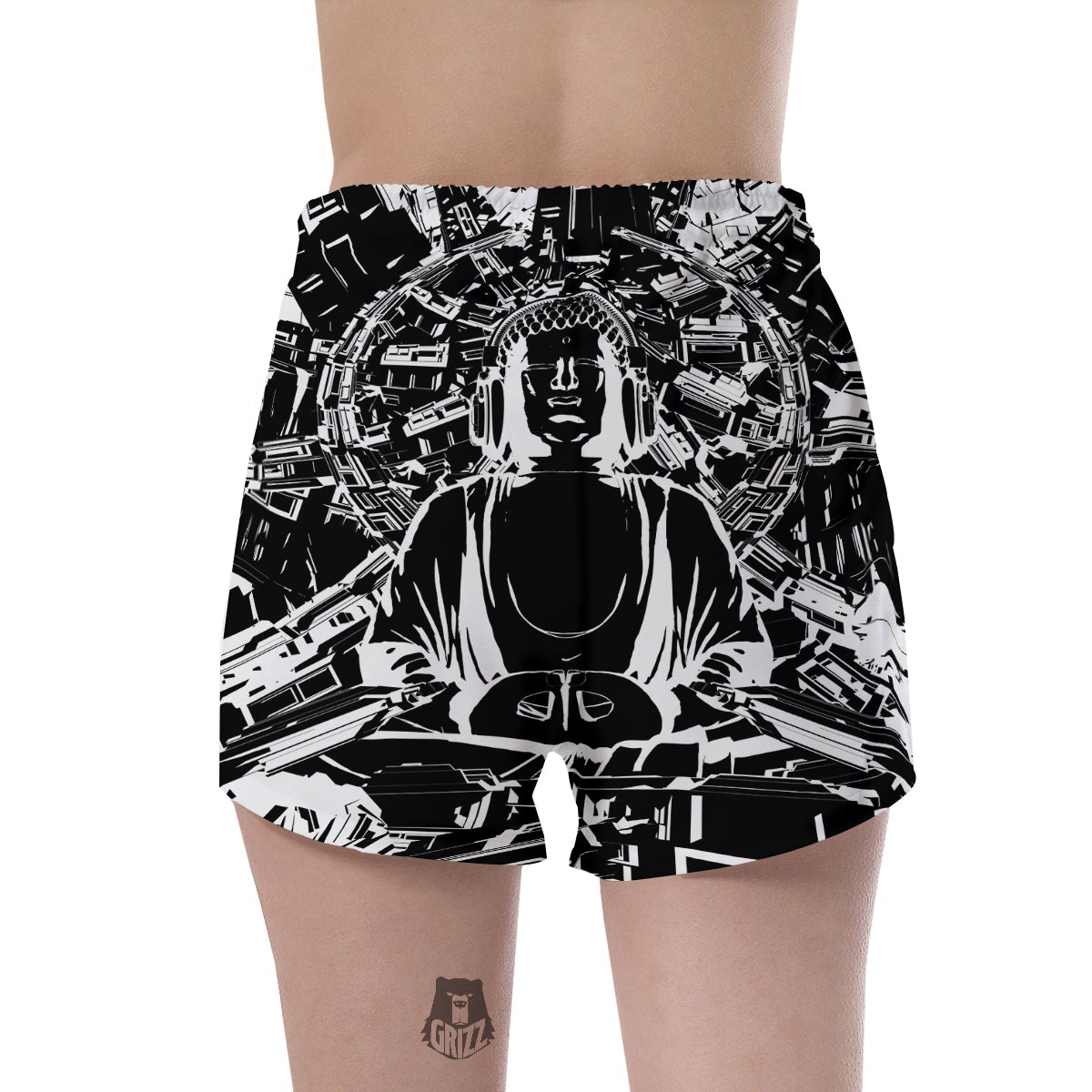 Technical Buddha Black And White Print Women's Shorts-grizzshop