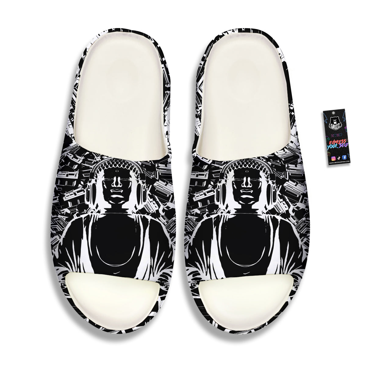 Technical Buddha Black And White Print Sandals-grizzshop