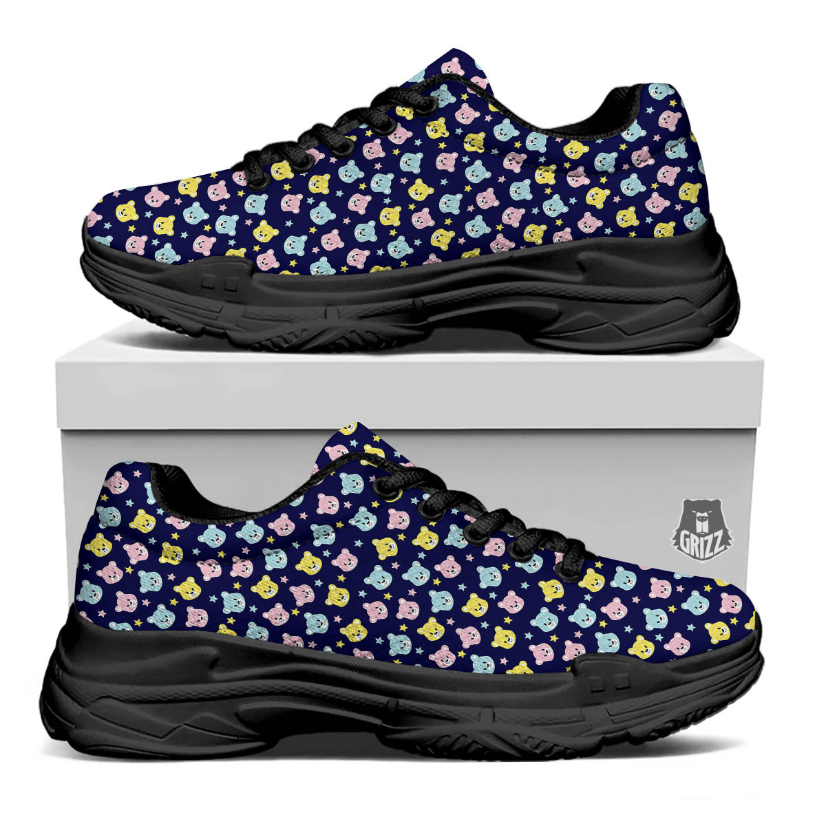 Teddy Bear Cartoon Print Pattern Black Chunky Shoes-grizzshop