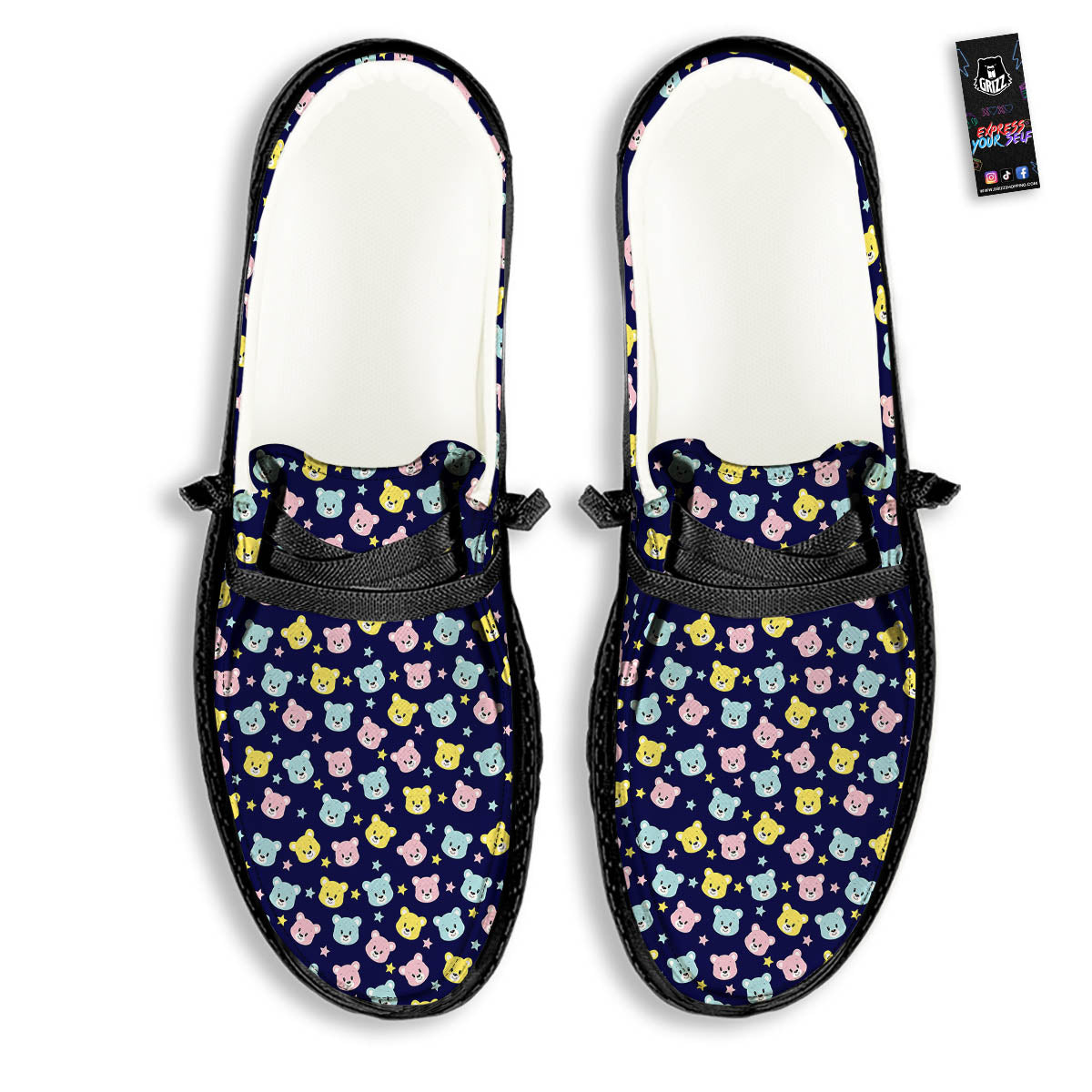 Teddy Bear Cartoon Print Pattern Black Loafers-grizzshop