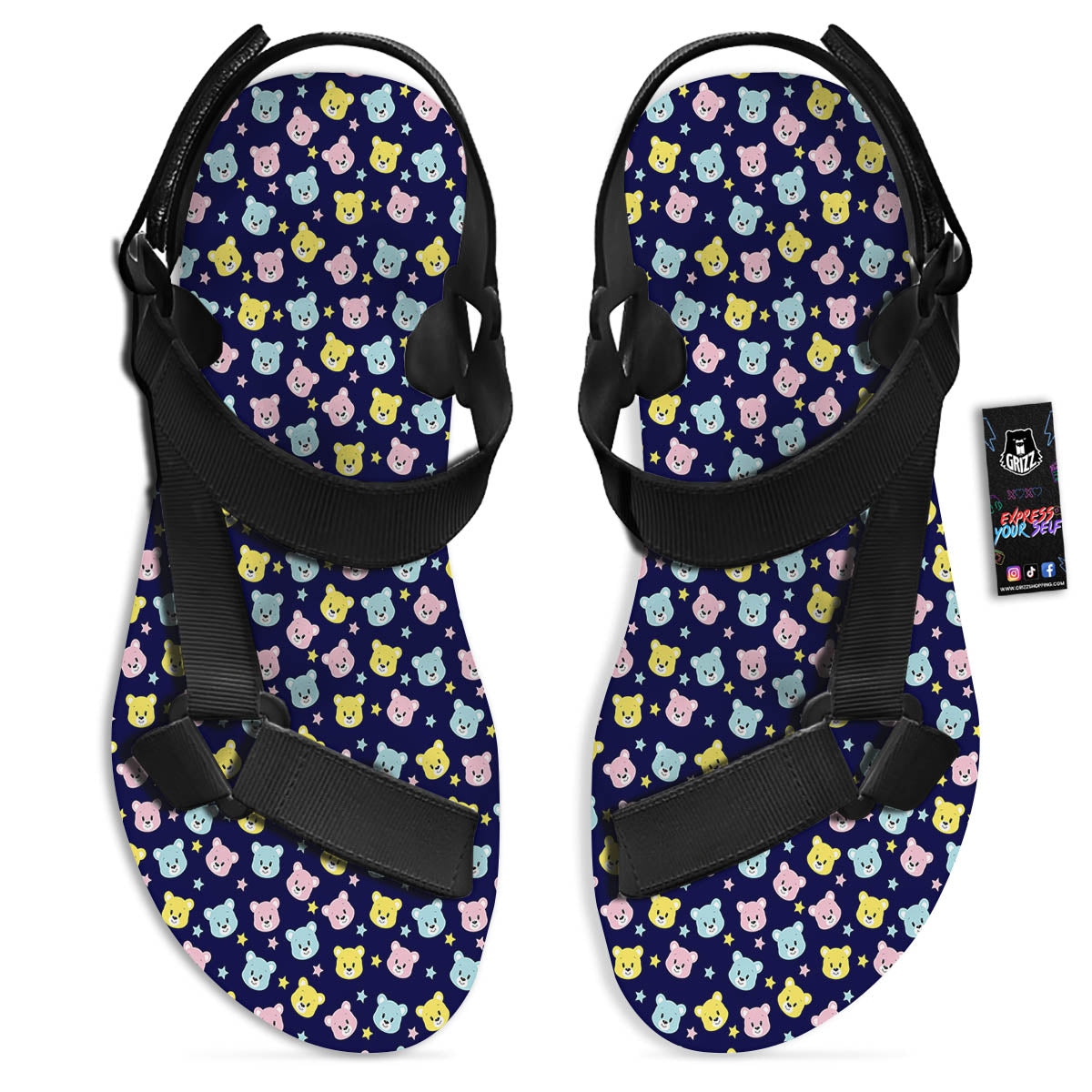 Teddy Bear Cartoon Print Pattern Black Open Toe Sandals-grizzshop