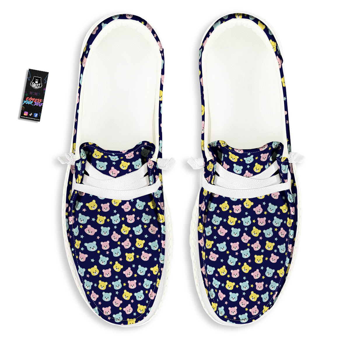 Teddy Bear Cartoon Print Pattern White Loafers-grizzshop