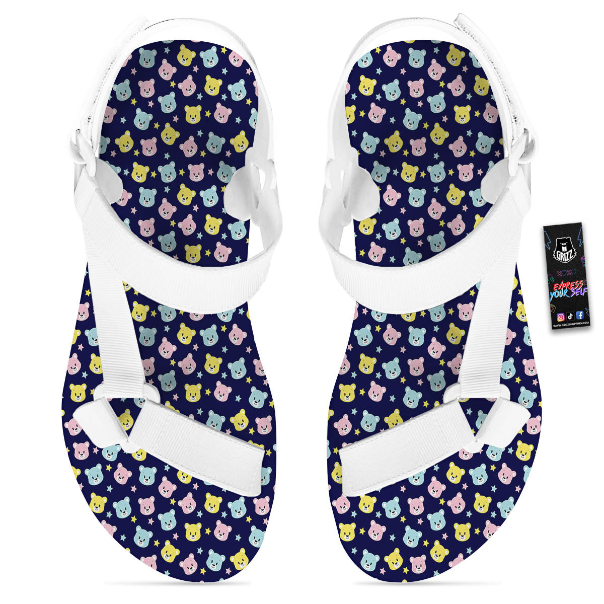 Teddy Bear Cartoon Print Pattern White Open Toe Sandals-grizzshop