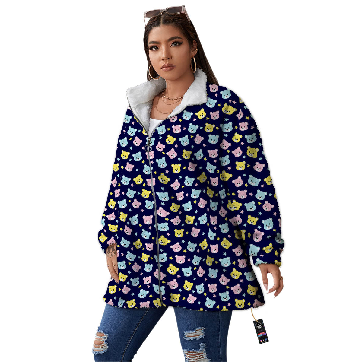Teddy Bear Cartoon Print Pattern Women's Sherpa Jacket-grizzshop