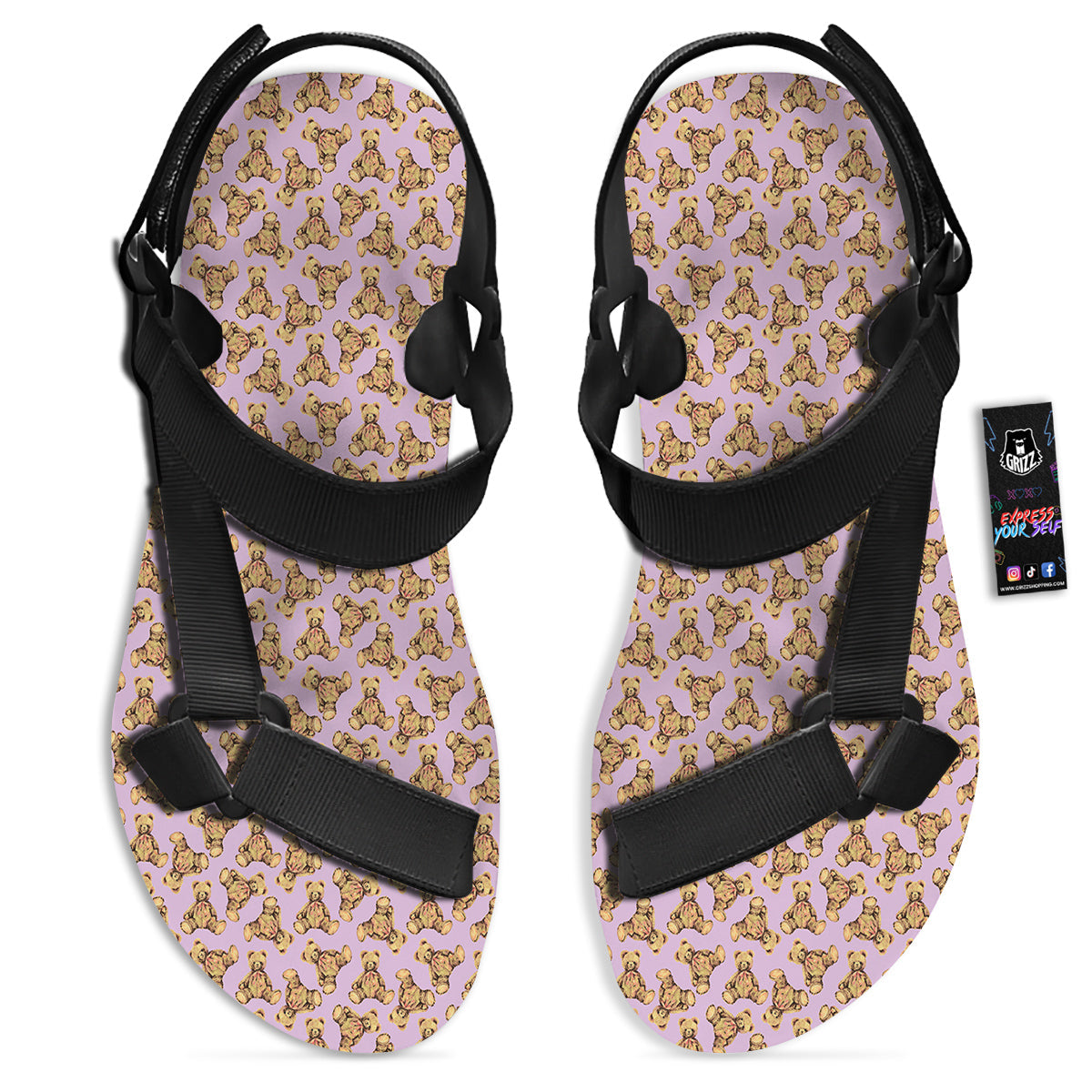 Teddy Bear Cute Print Pattern Black Open Toe Sandals-grizzshop