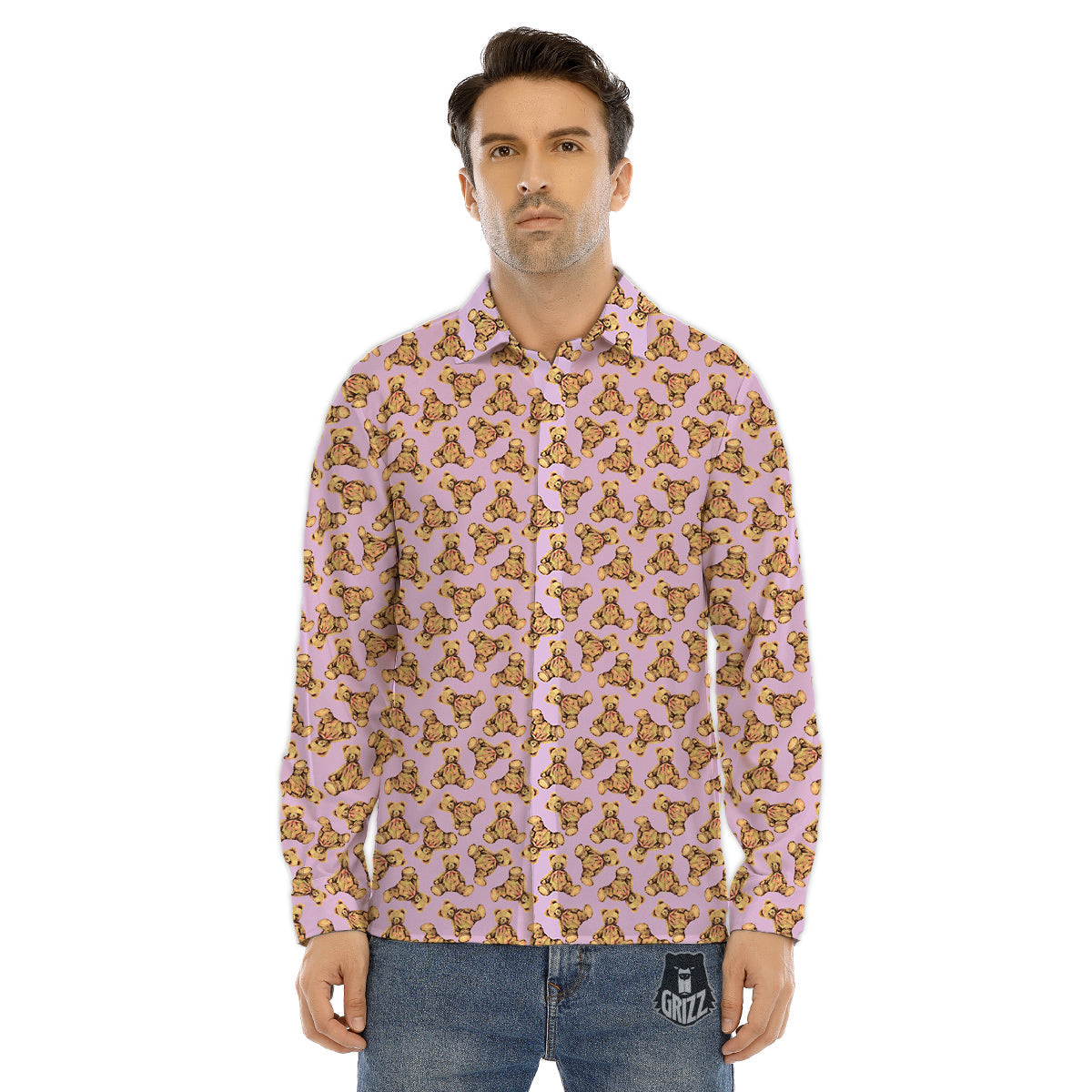 Teddy Bear Cute Print Pattern Men's Dress Shirts-grizzshop