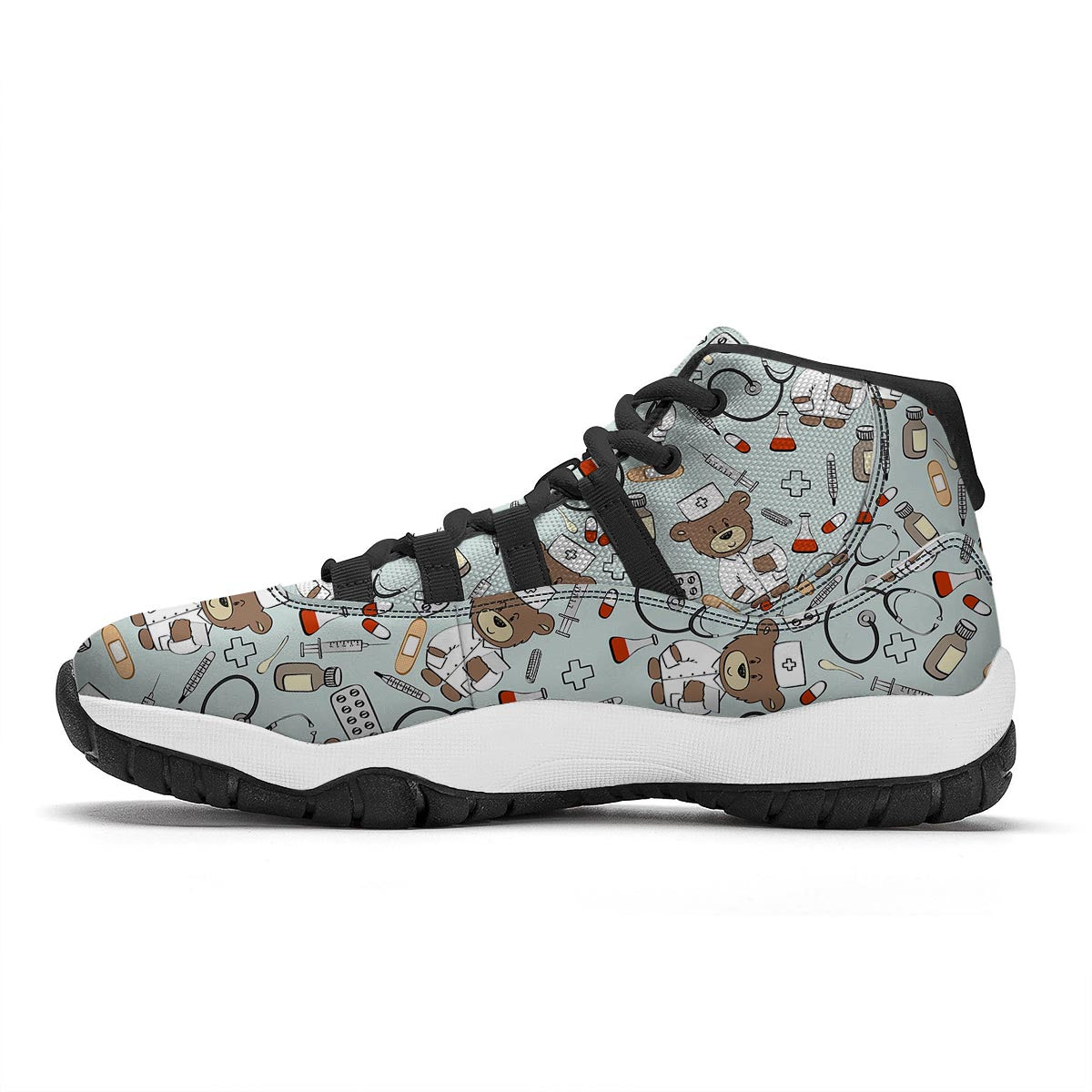 Teddy Bear Nurse Pattern Print Black Bball Shoes-grizzshop