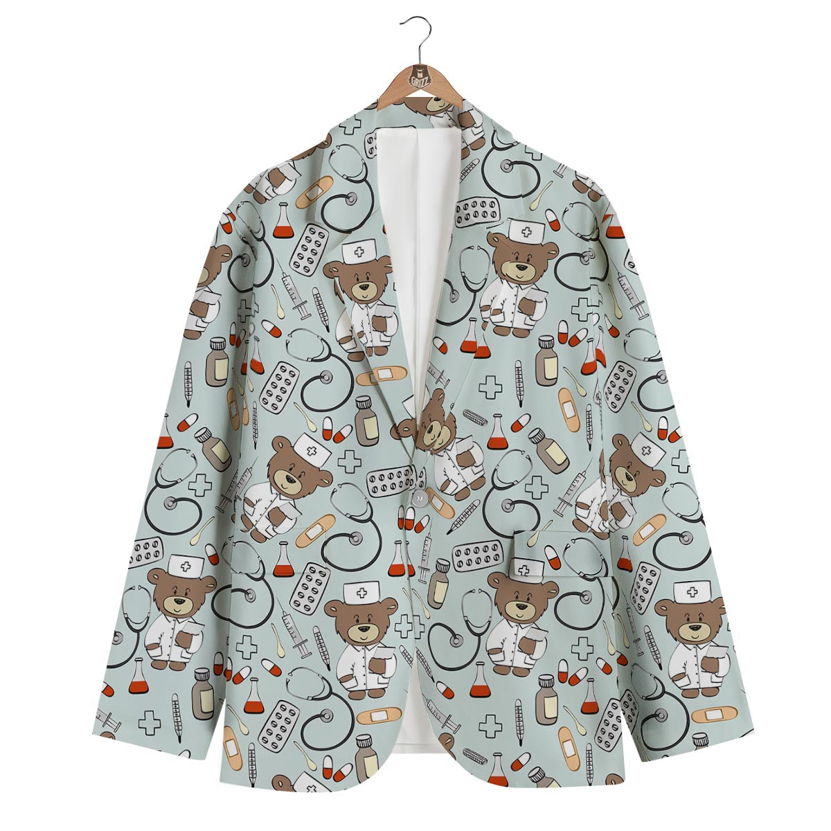 Teddy Bear Nurse Pattern Print Men's Blazer-grizzshop