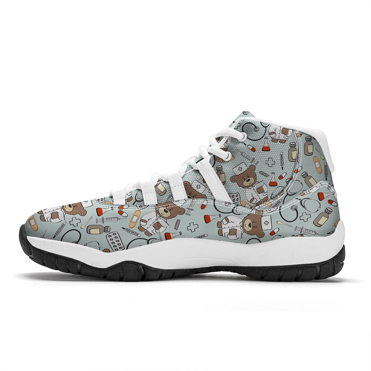 Teddy Bear Nurse Pattern Print White Bball Shoes-grizzshop