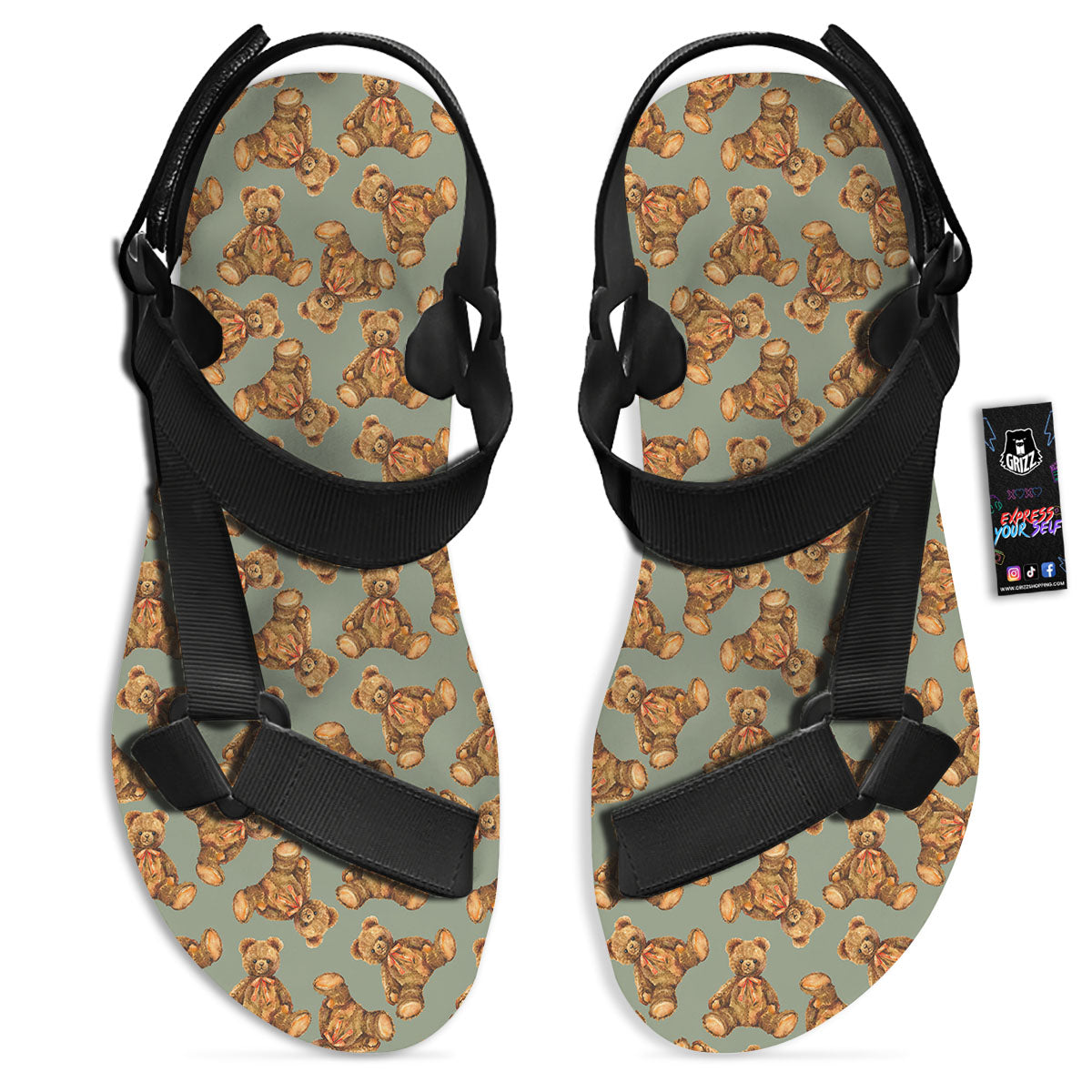 Teddy Bear Watercolor Print Pattern Black Open Toe Sandals-grizzshop