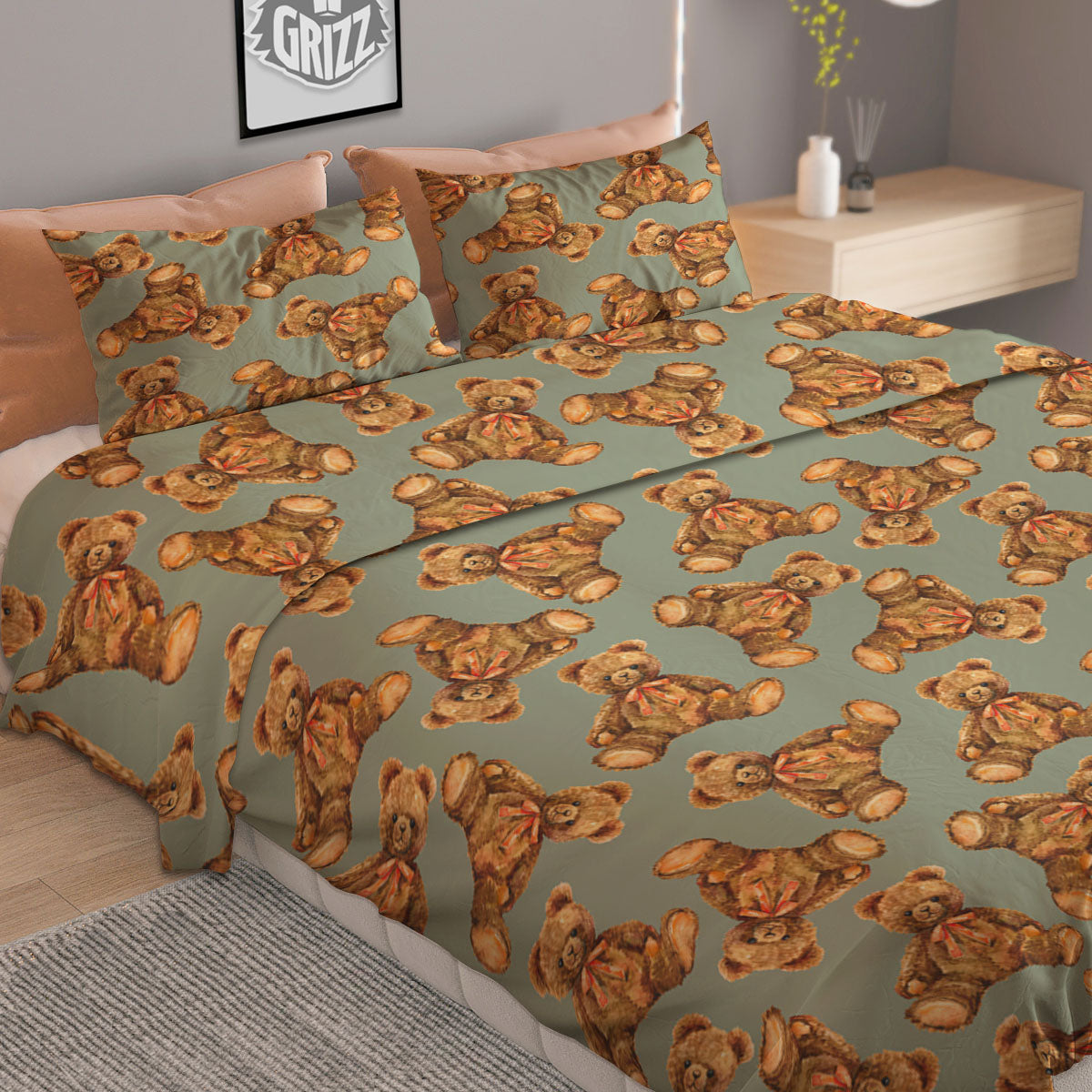 Teddy Bear Watercolor Print Pattern Duvet Cover Bedding Set
