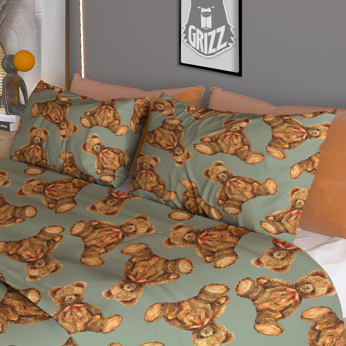Teddy Bear Watercolor Print Pattern Duvet Cover Bedding Set