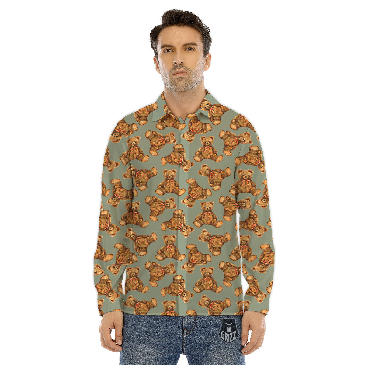 Teddy Bear Watercolor Print Pattern Men's Dress Shirts-grizzshop