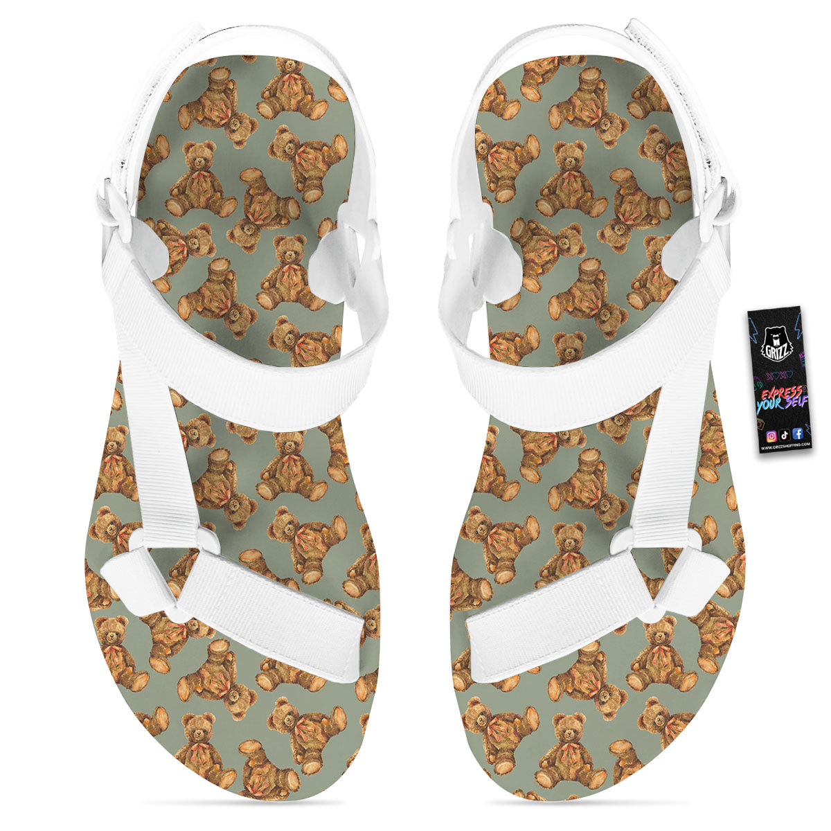 Teddy Bear Watercolor Print Pattern White Open Toe Sandals-grizzshop