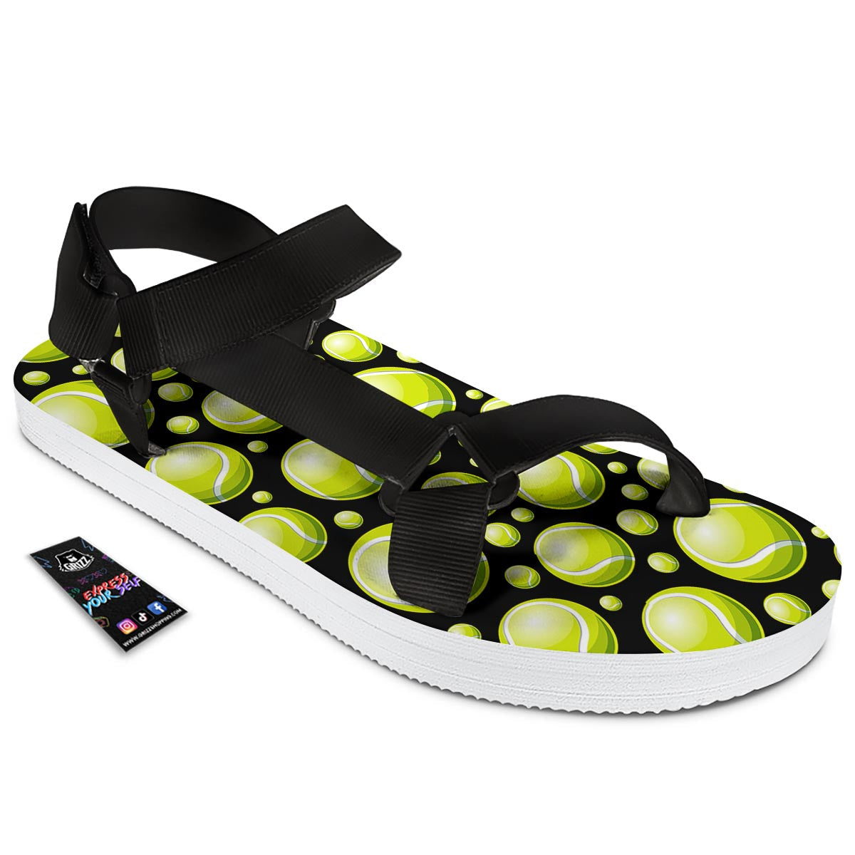 Tennis Balls Print Pattern Black Open Toe Sandals-grizzshop