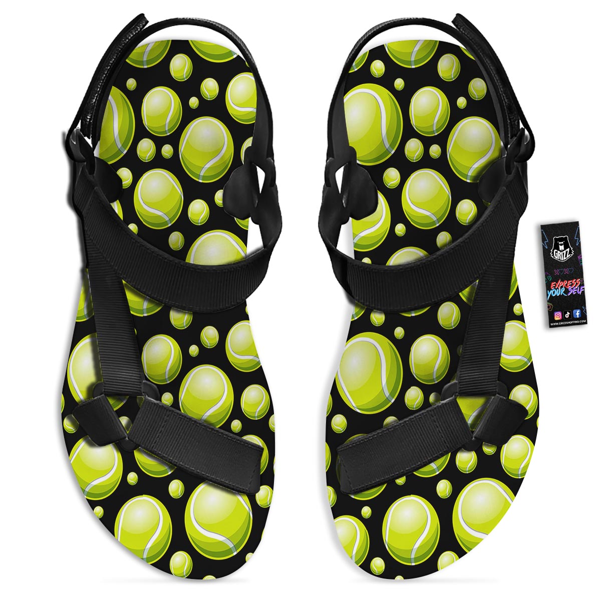 Tennis Balls Print Pattern Black Open Toe Sandals-grizzshop