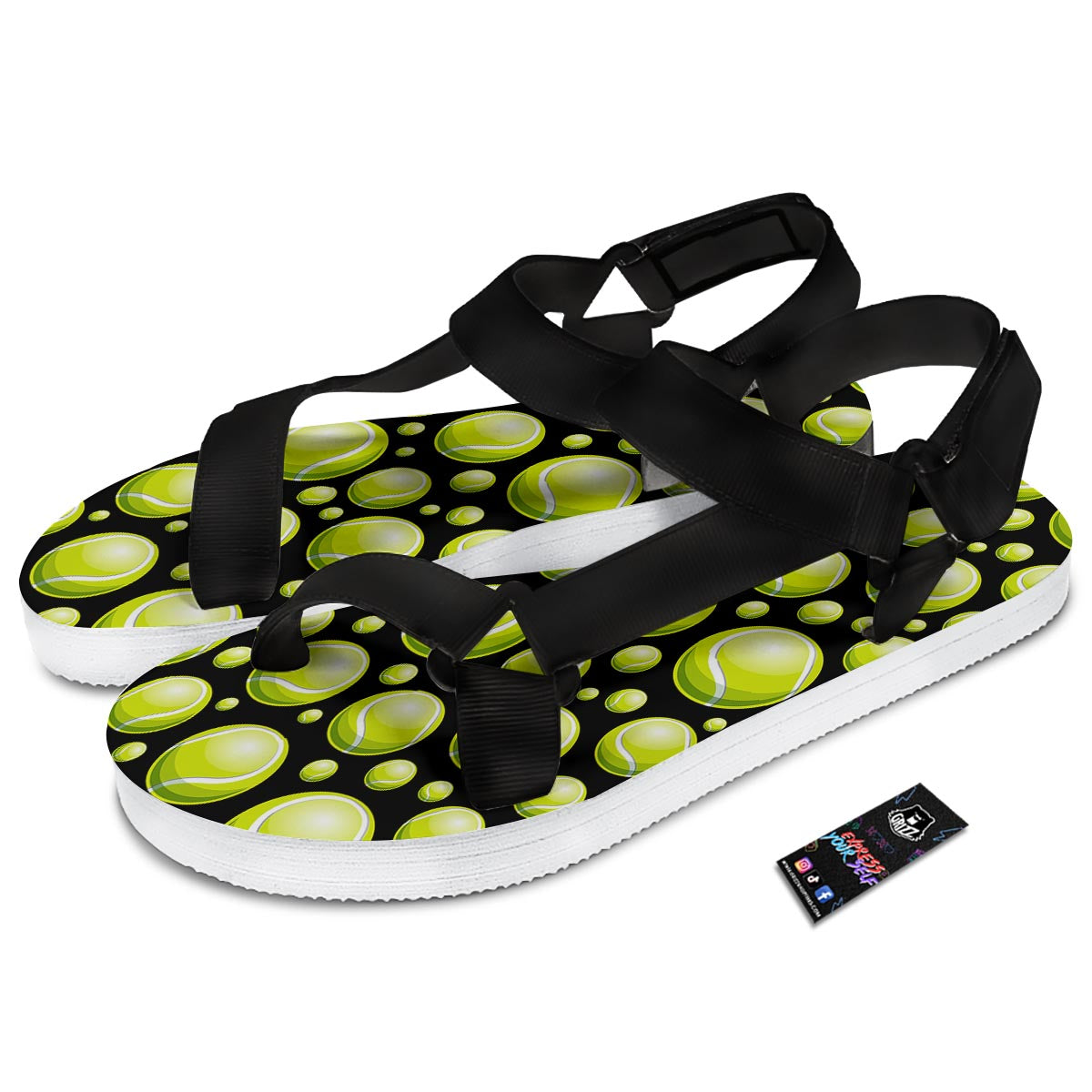 Tennis Balls Print Pattern Black Open Toe Sandals-grizzshop