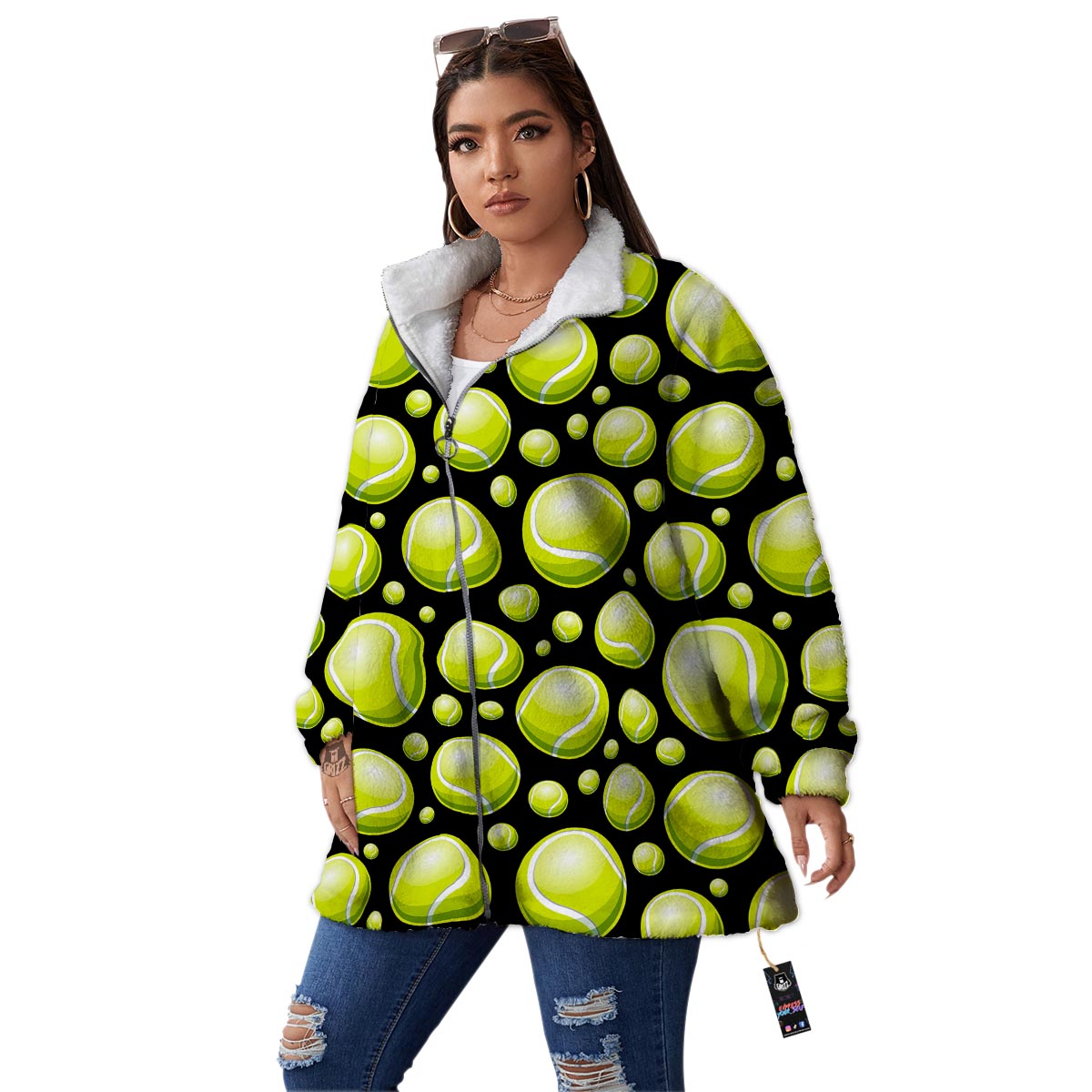 Tennis Balls Print Pattern Women's Sherpa Jacket-grizzshop