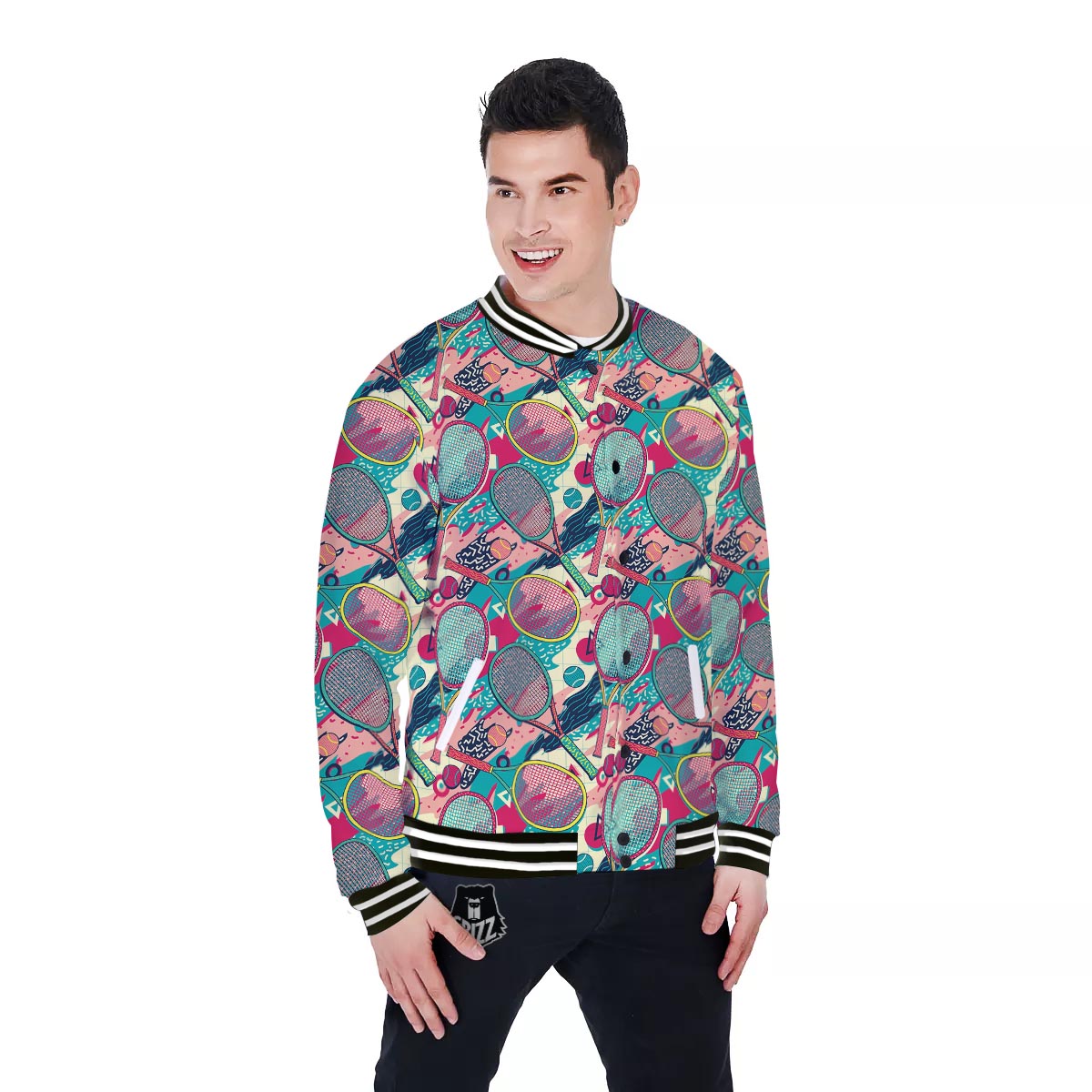 Tennis Retro Print Pattern Baseball Jacket-grizzshop