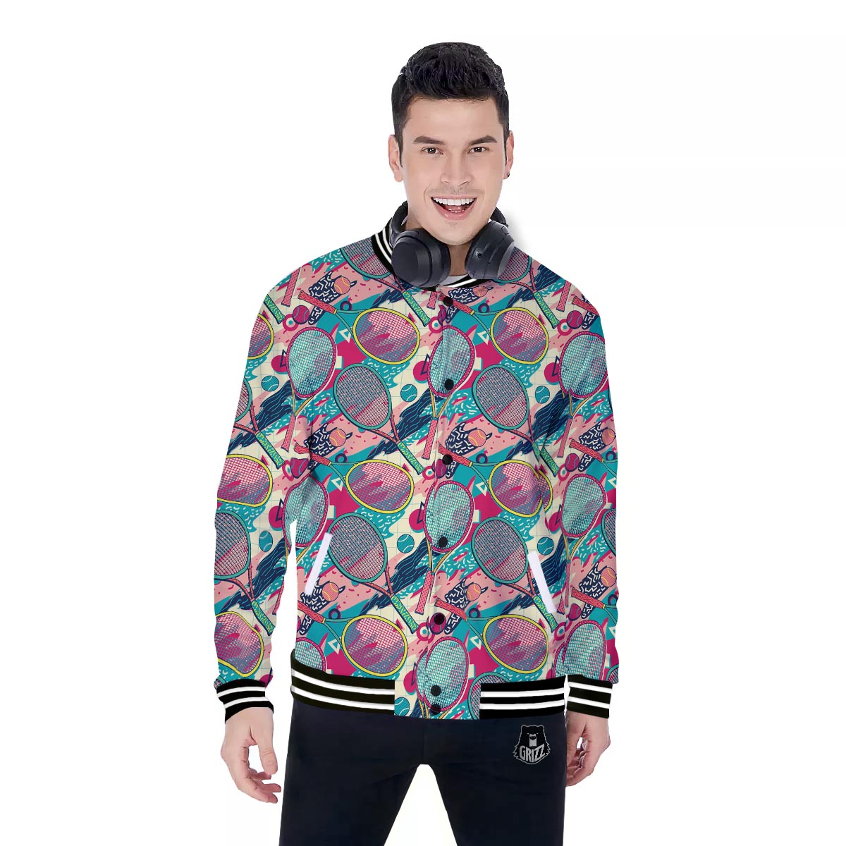 Tennis Retro Print Pattern Baseball Jacket-grizzshop