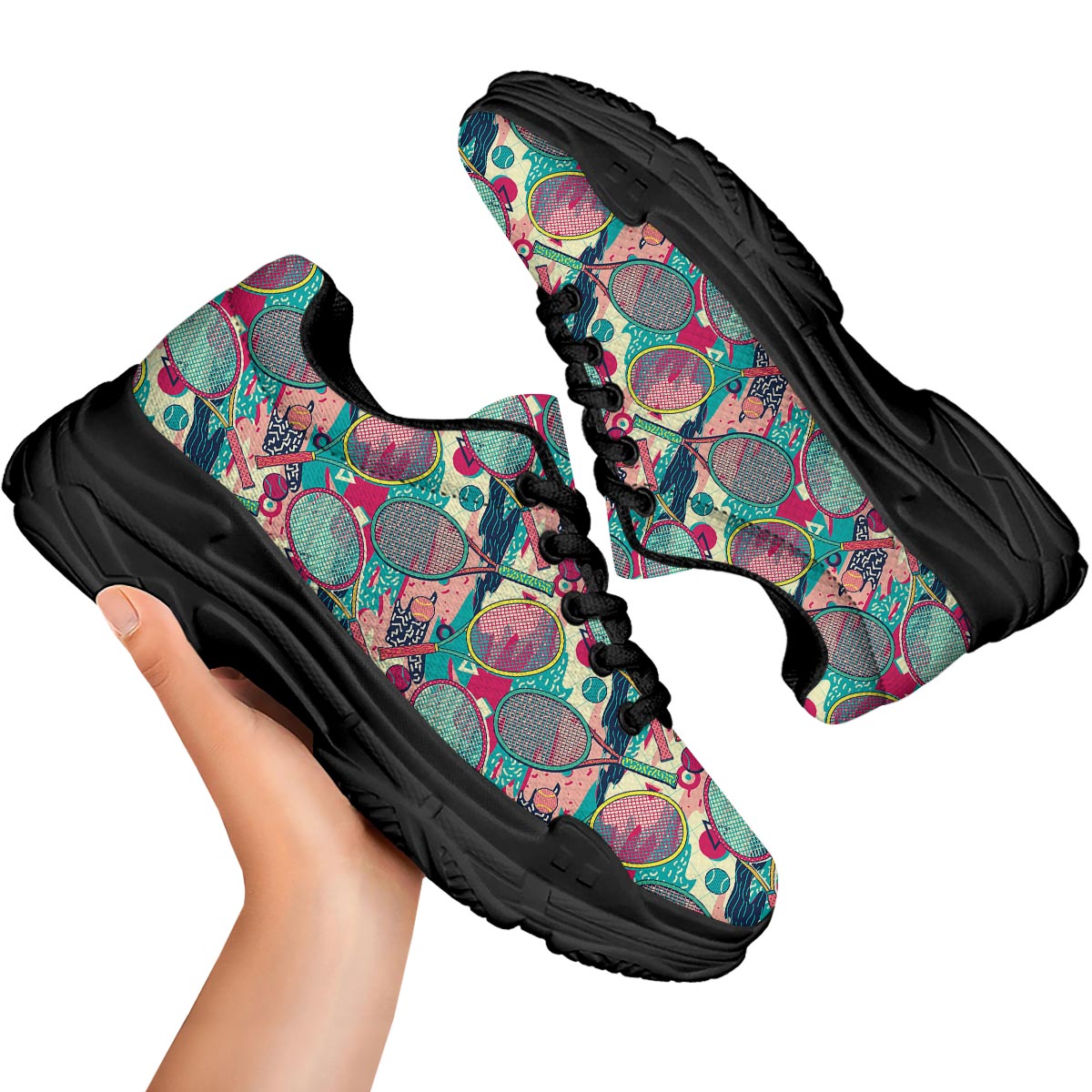 Tennis Retro Print Pattern Black Chunky Shoes-grizzshop