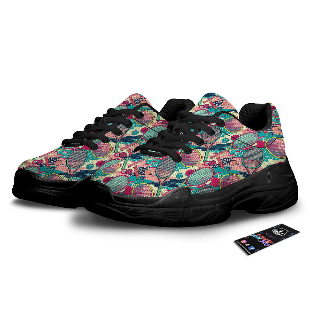 Tennis Retro Print Pattern Black Chunky Shoes-grizzshop