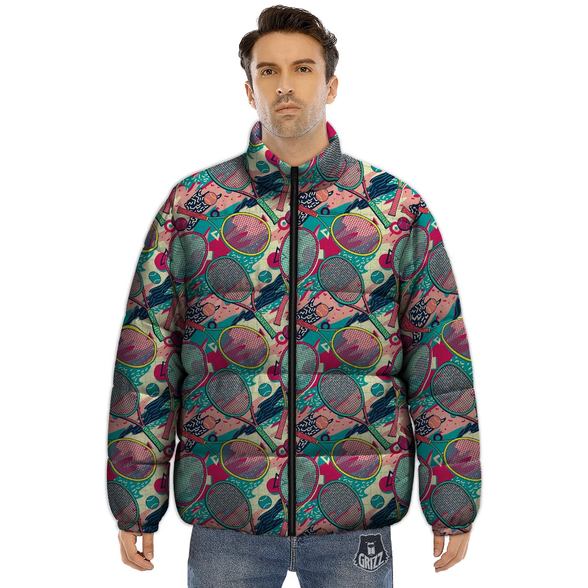 Tennis Retro Print Pattern Puffer Jacket-grizzshop