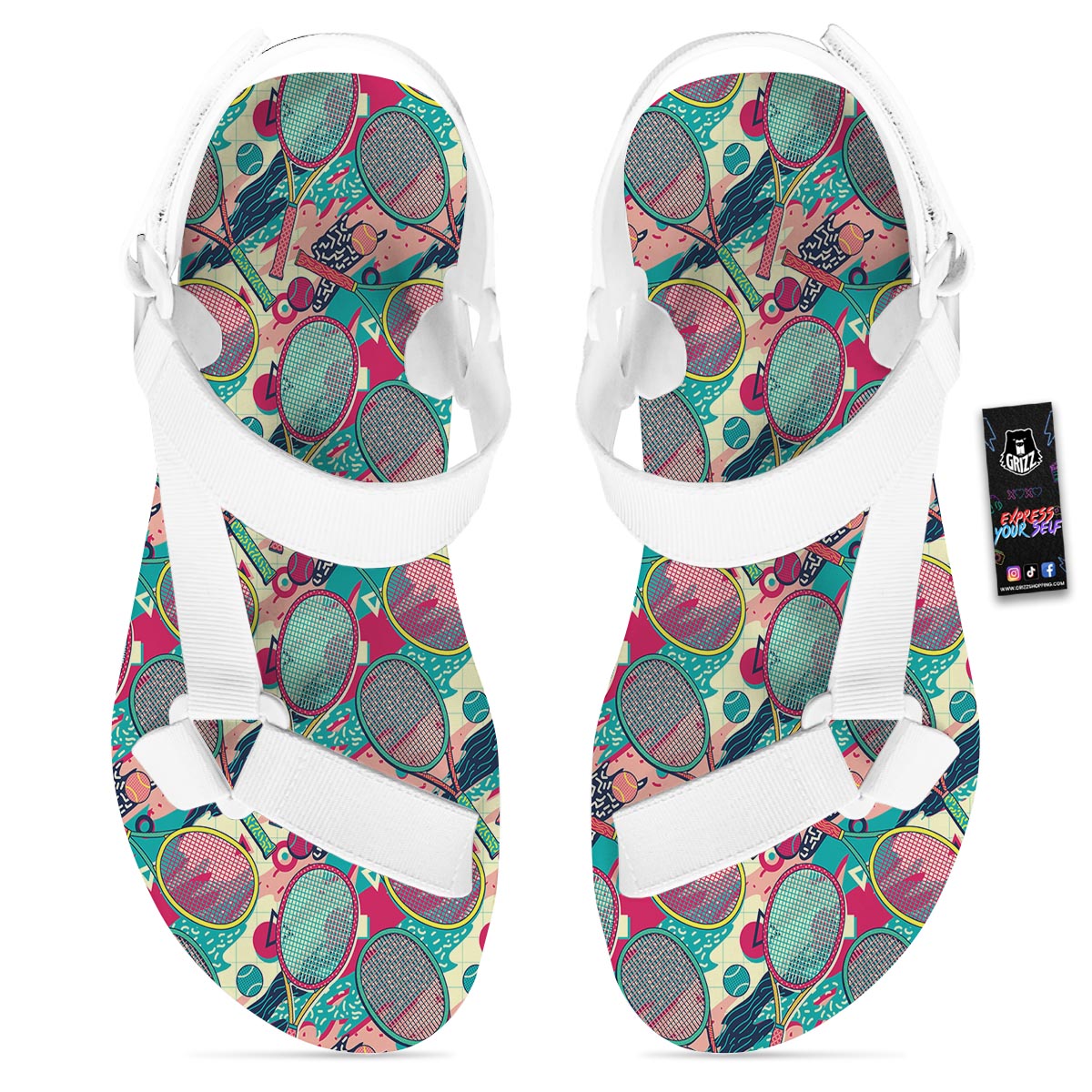 Tennis Retro Print Pattern White Open Toe Sandals-grizzshop