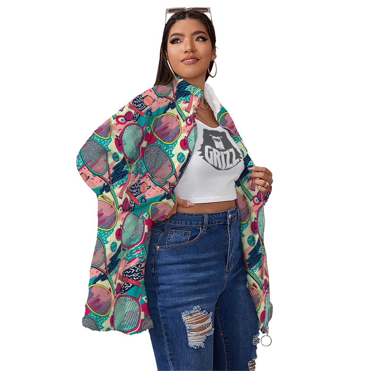 Tennis Retro Print Pattern Women's Sherpa Jacket-grizzshop
