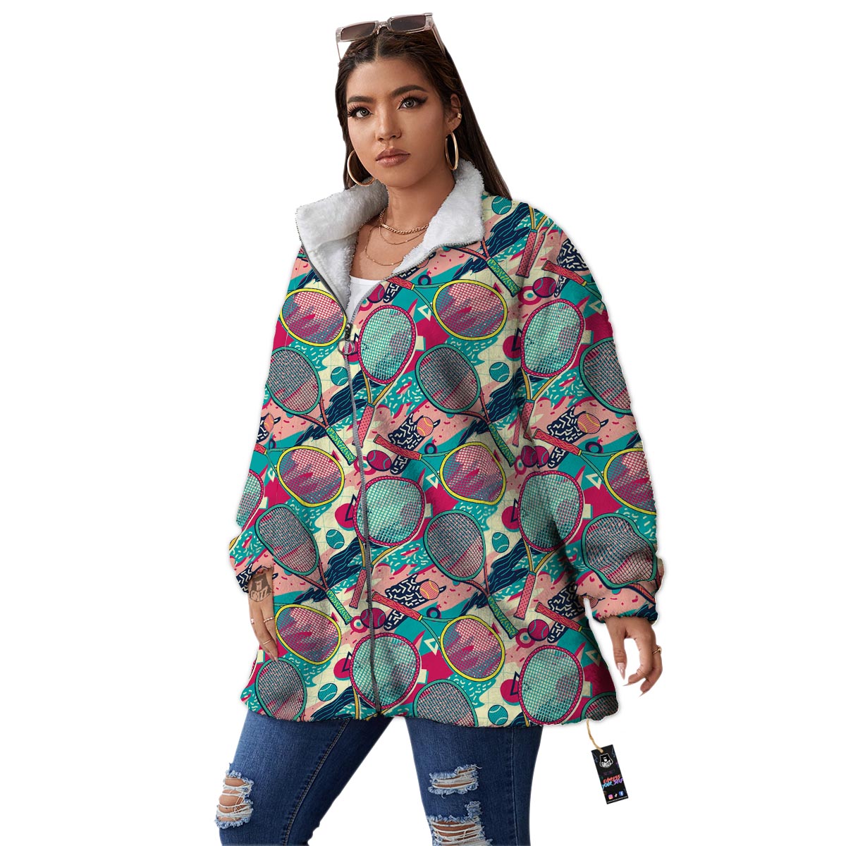 Tennis Retro Print Pattern Women's Sherpa Jacket-grizzshop
