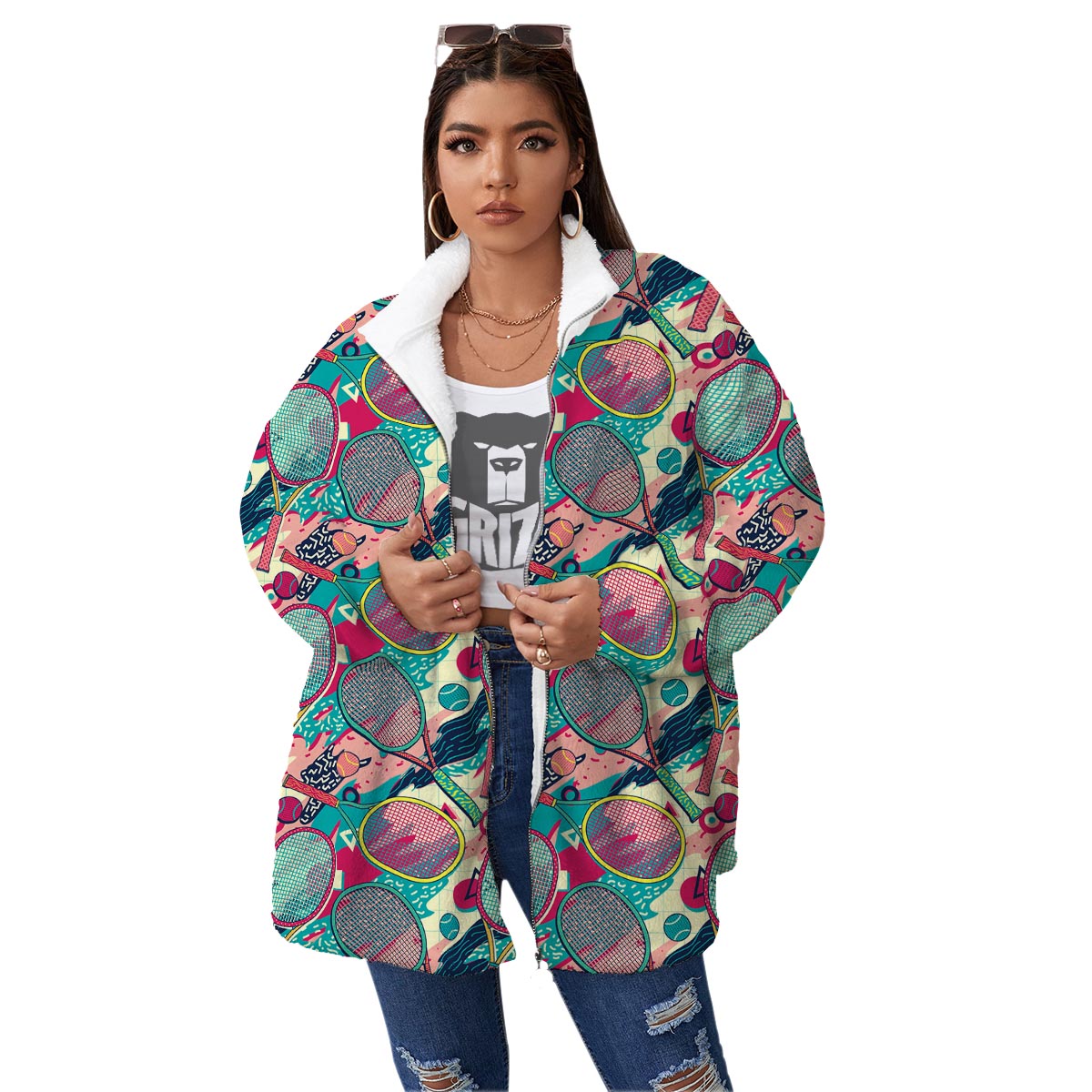 Tennis Retro Print Pattern Women's Sherpa Jacket-grizzshop