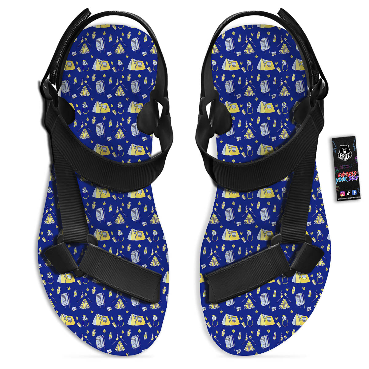 Tent Camping Print Pattern Black Open Toe Sandals-grizzshop