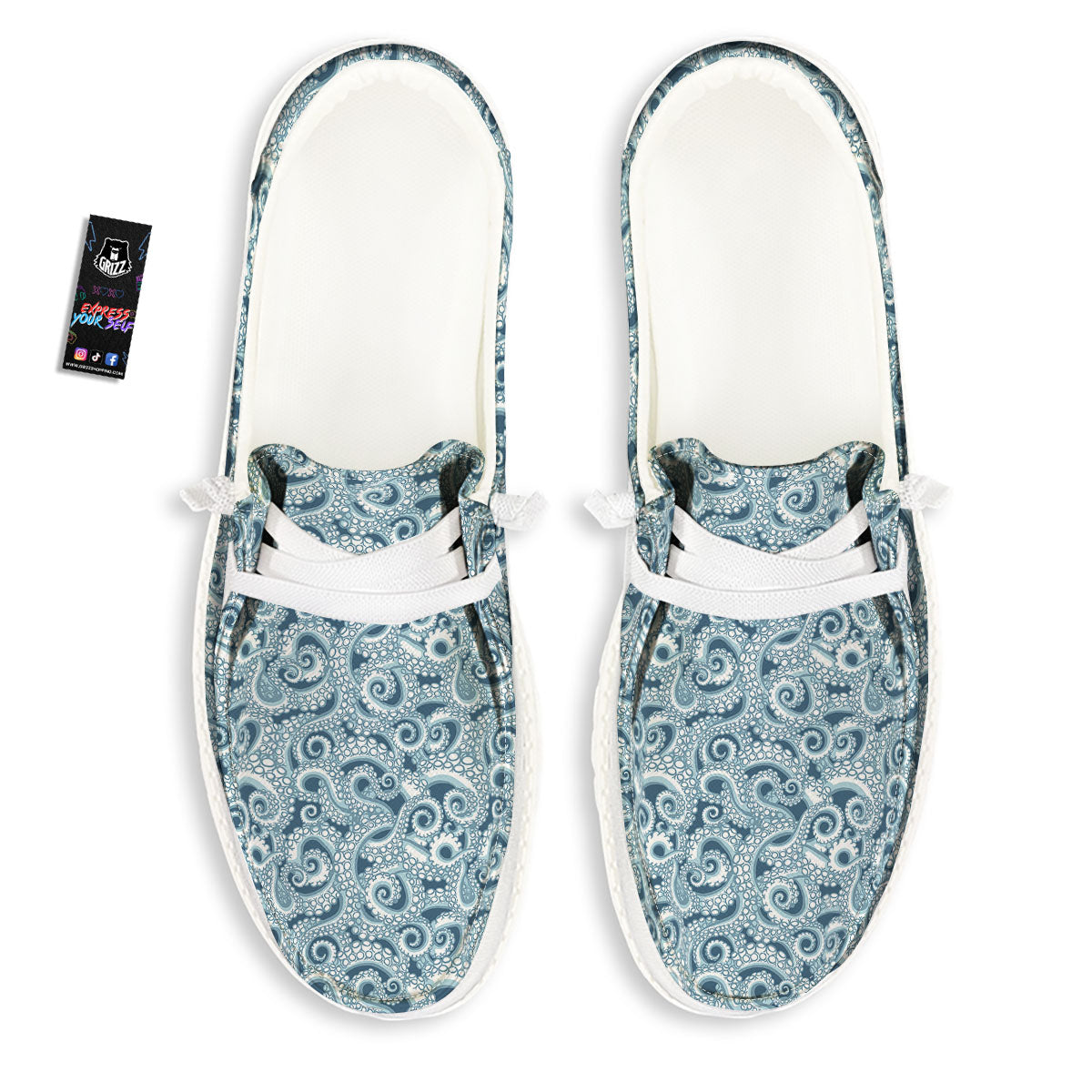 Tentacles Octopus Blue Print Pattern White Loafers-grizzshop