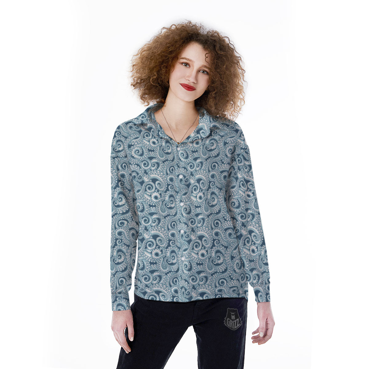 Tentacles Octopus Blue Print Pattern Women's Long Sleeve Shirts-grizzshop