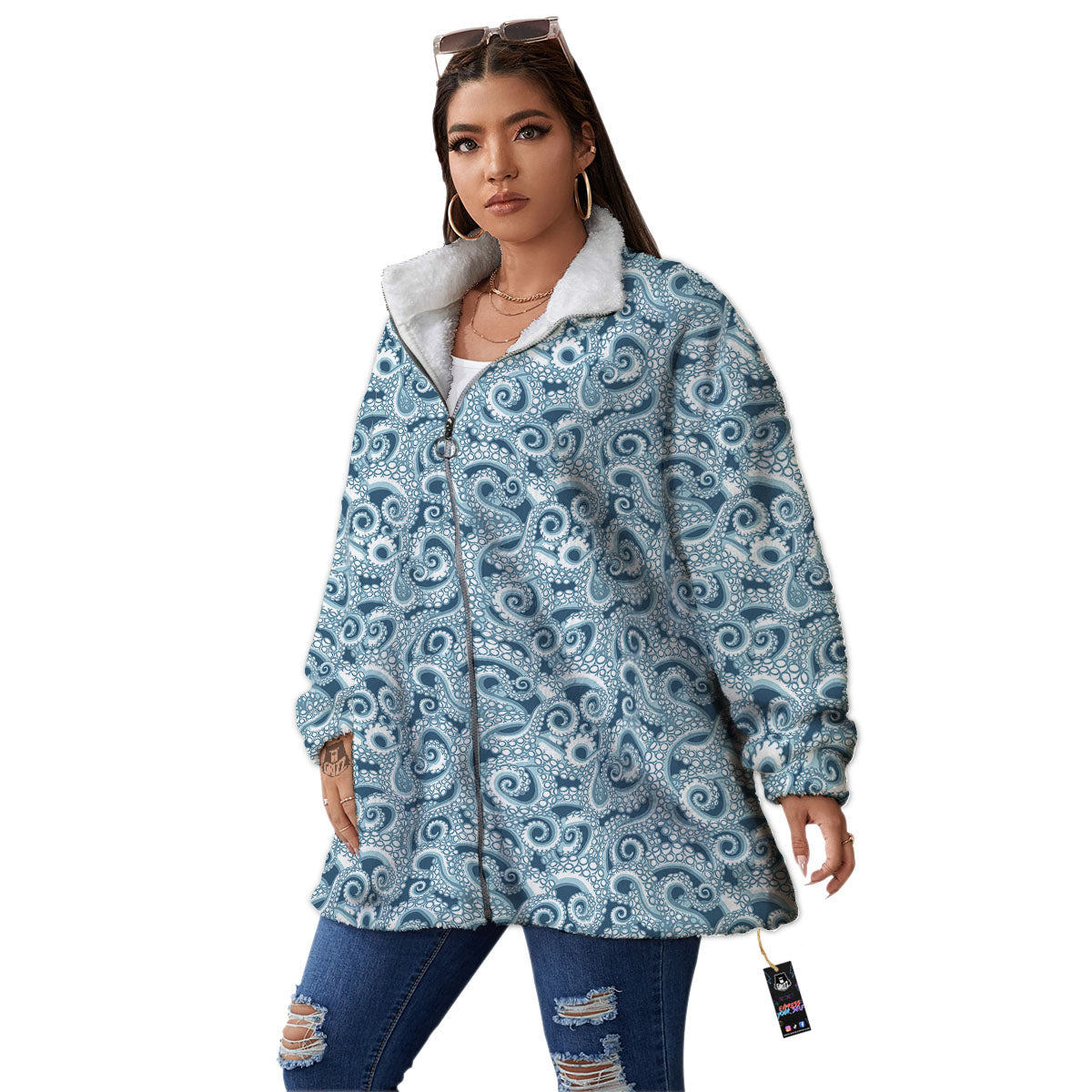 Tentacles Octopus Blue Print Pattern Women's Sherpa Jacket-grizzshop