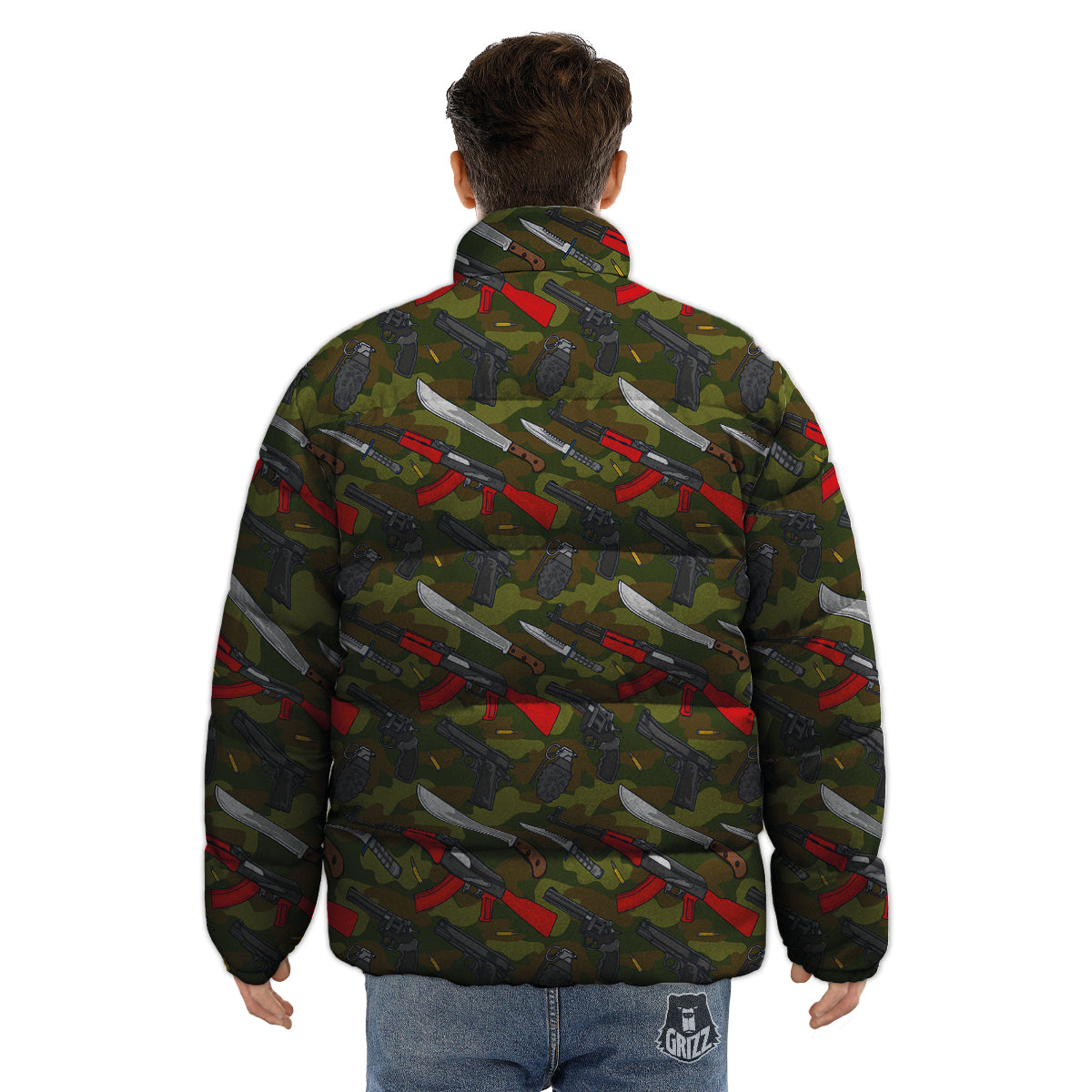 Terrorist Weapon Green Camo Print Pattern Puffer Jacket-grizzshop