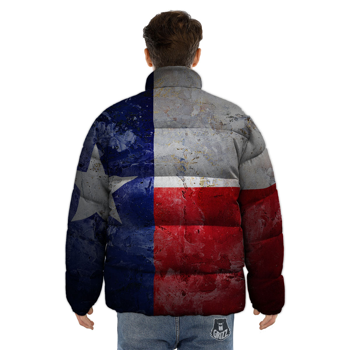 Texas Flag Grunge Print Puffer Jacket-grizzshop