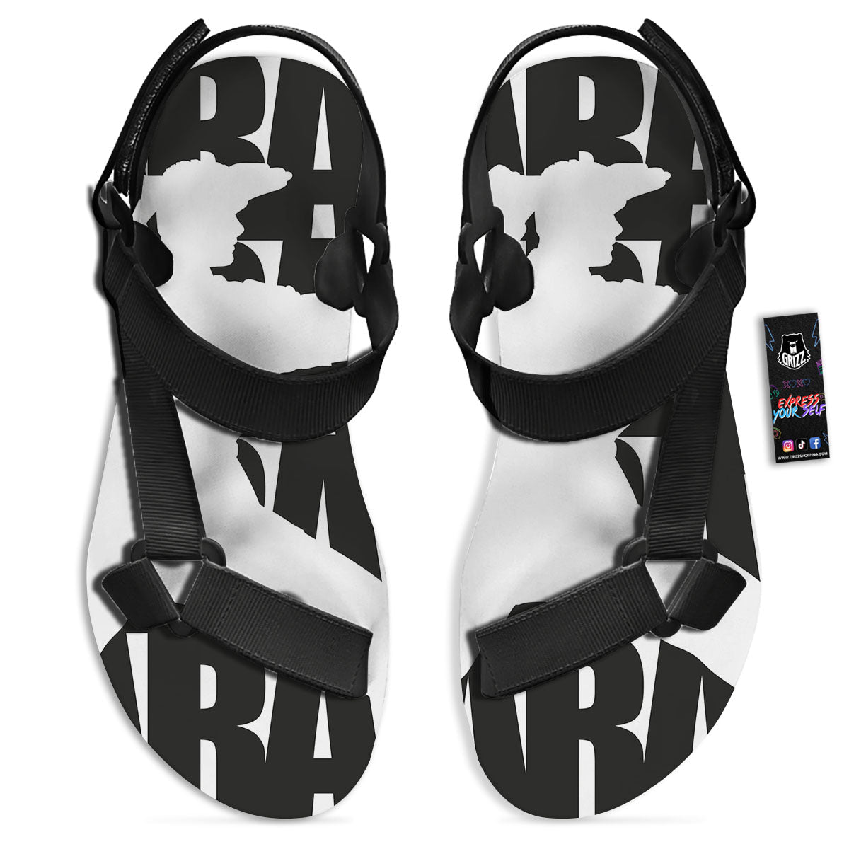 Text Karate Print Black Open Toe Sandals-grizzshop