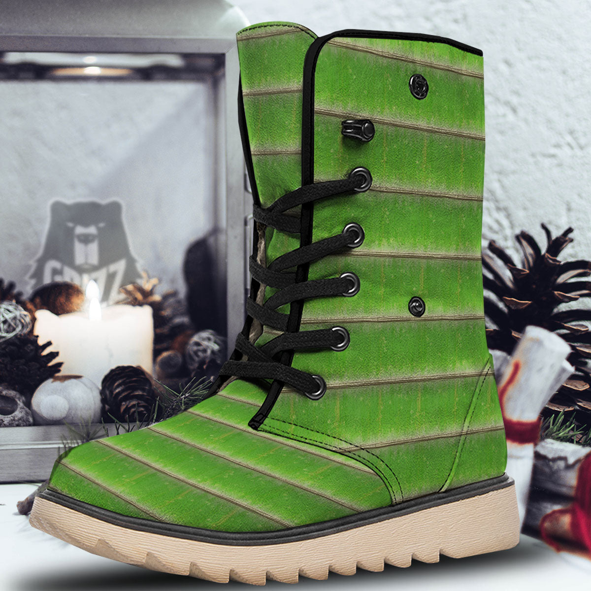 Texture Bamboo Green Print Snow Boots-grizzshop