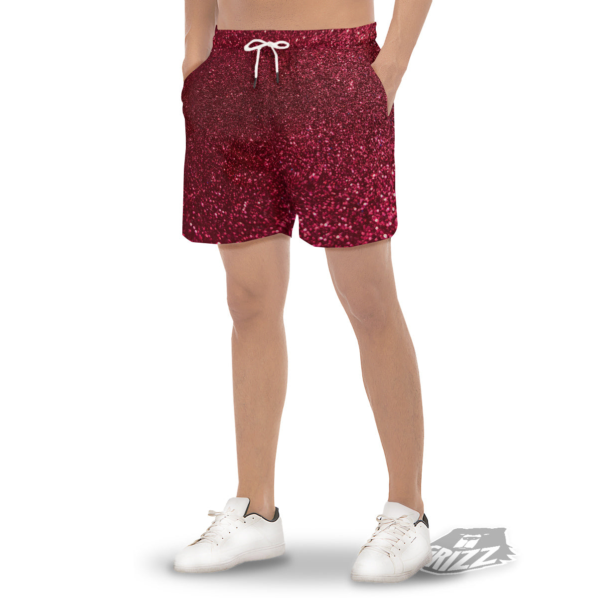 Texture Burgundy Glitter Print Men's Gym Shorts-grizzshop